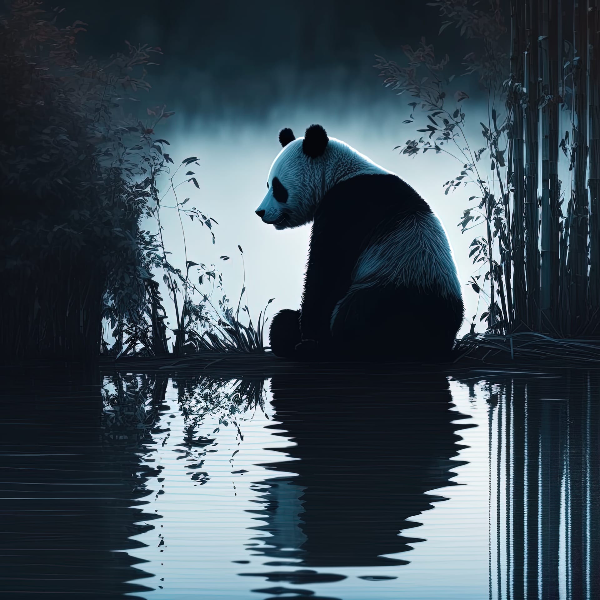 Illustrations panda sitting bank pond foggy forest