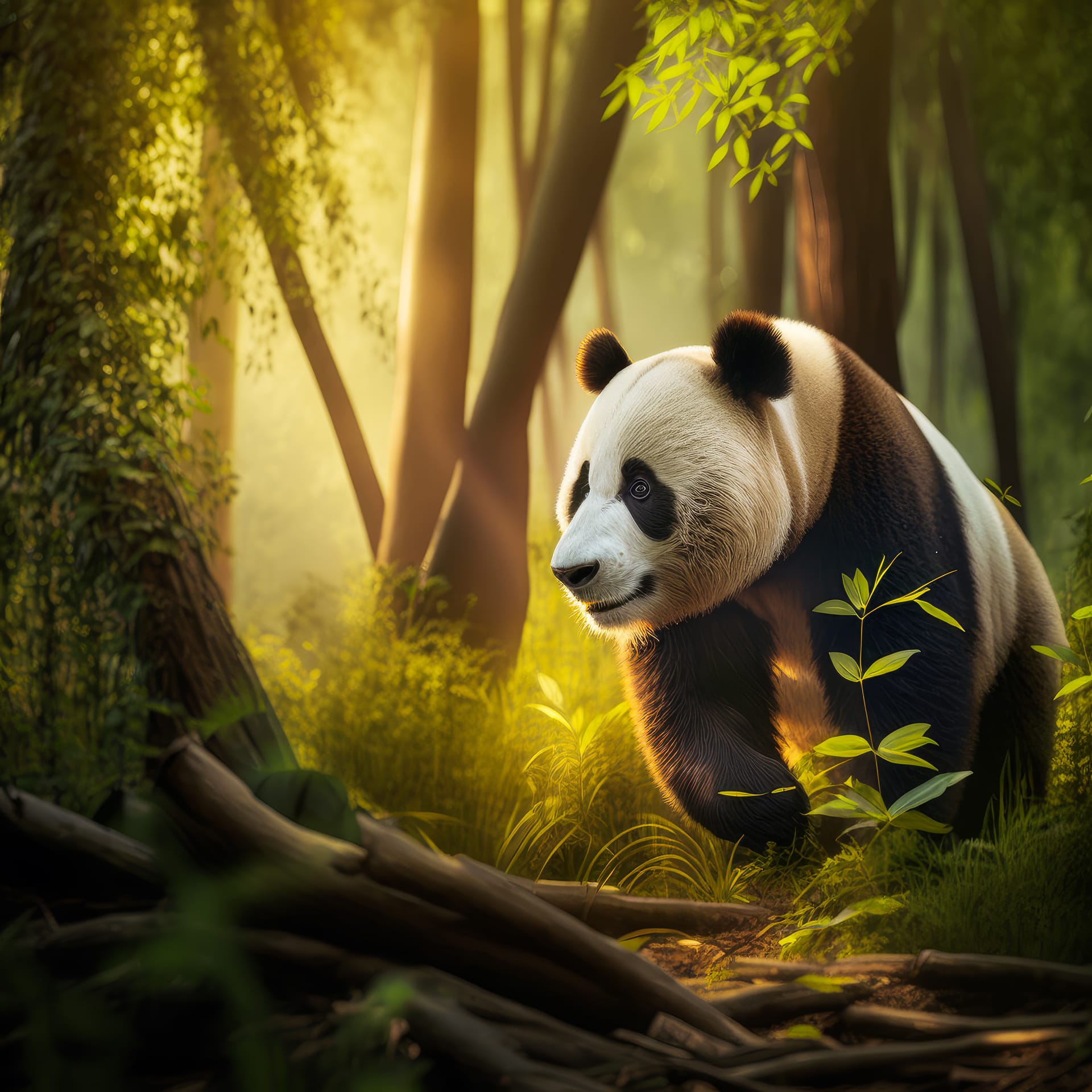 Panda bear walking through forest sunlight