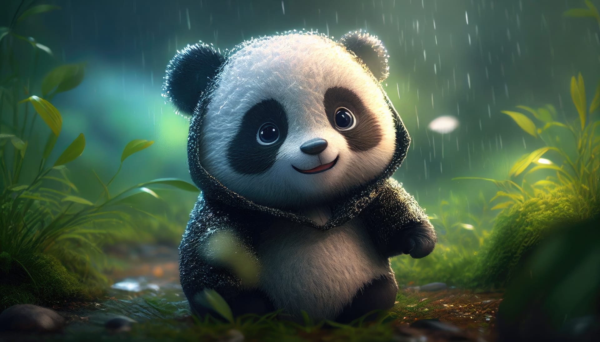 Panda pictures panda bear raincoat sits rain