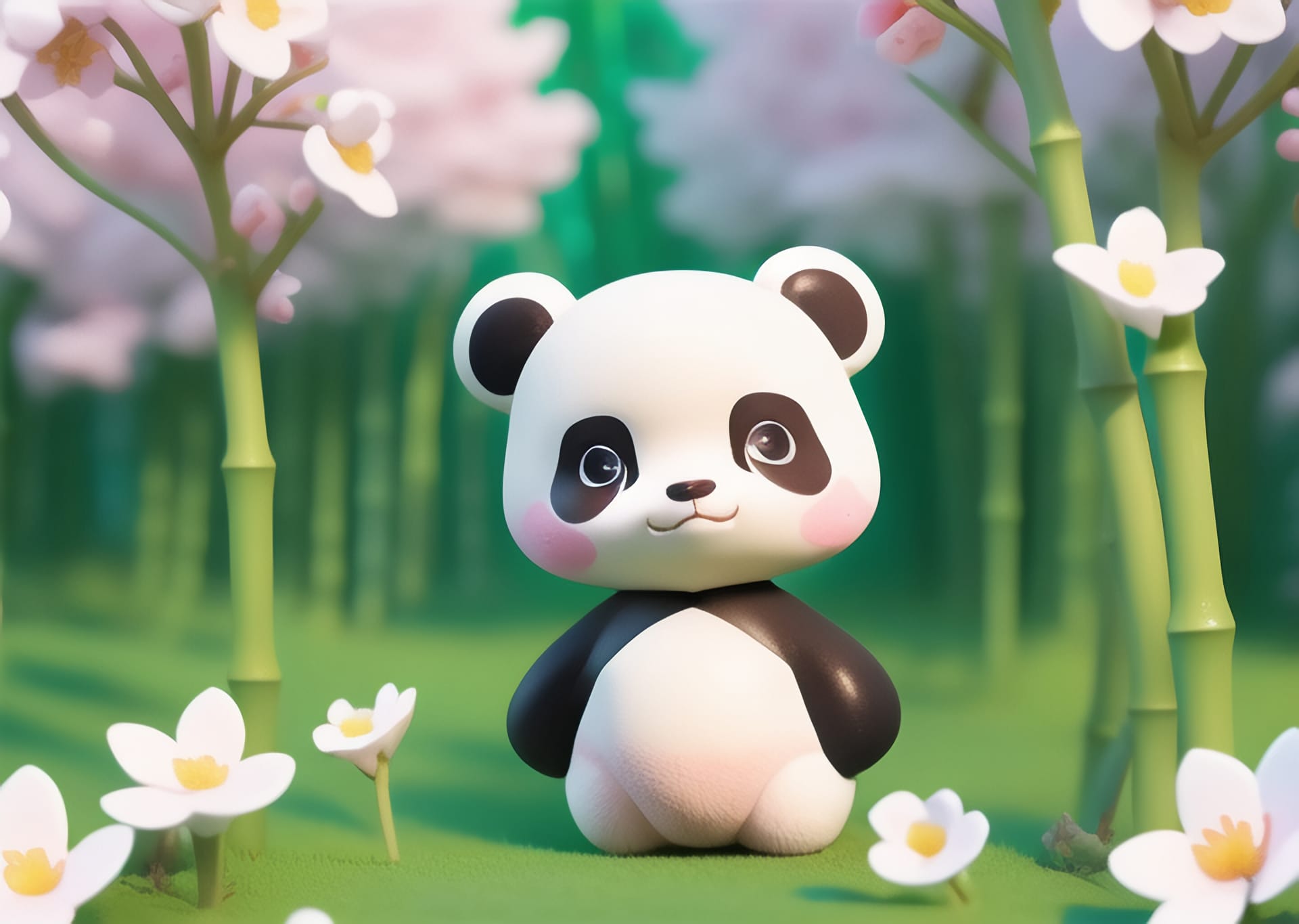 Toy panda sits field flower