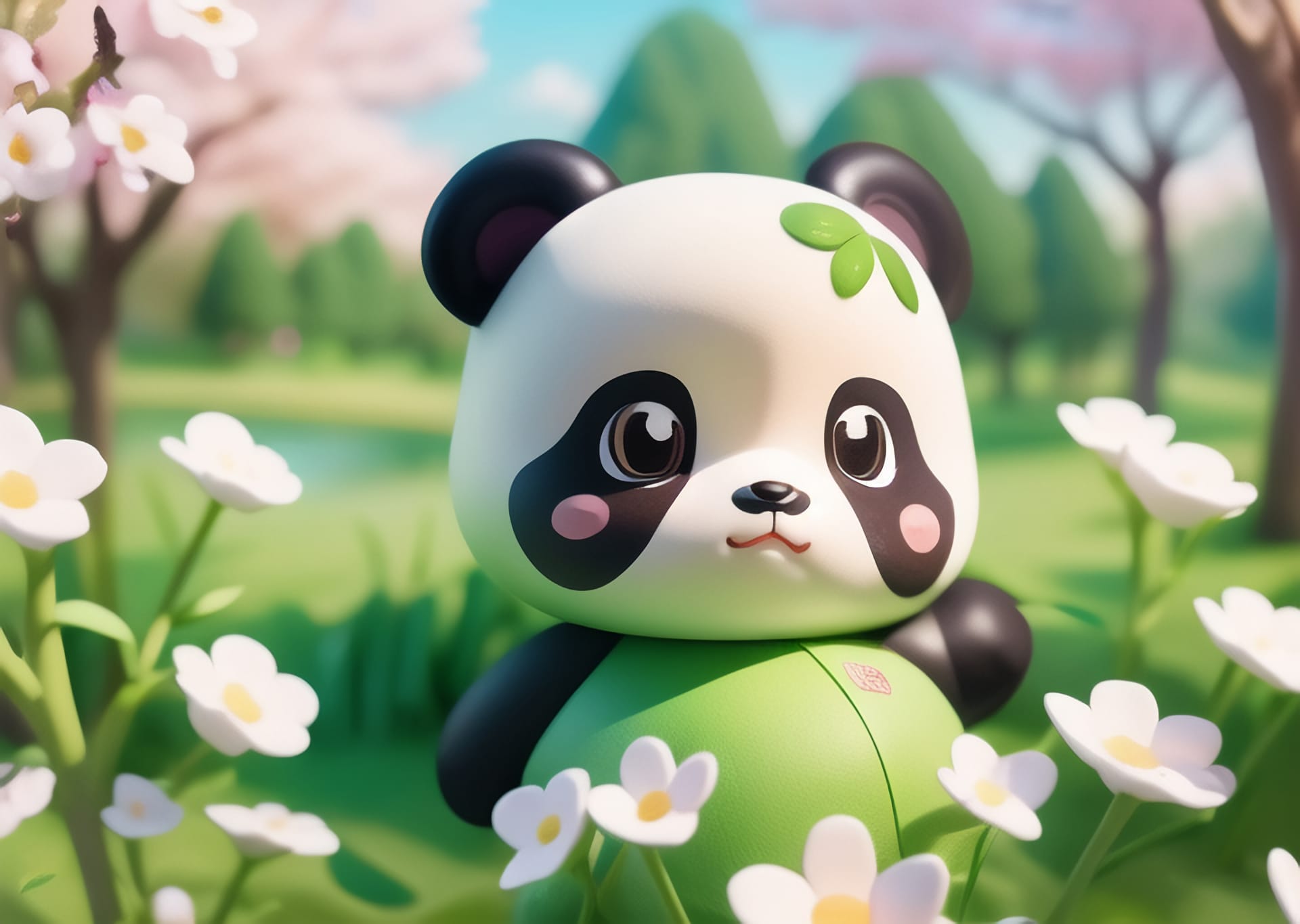 Toy panda sits field flowers