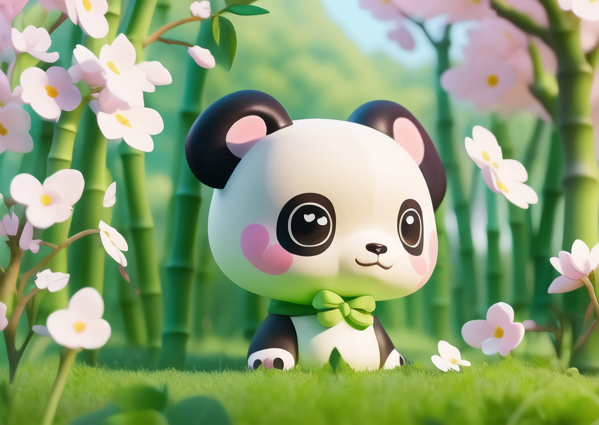 Toy panda sits grass with pink flowers