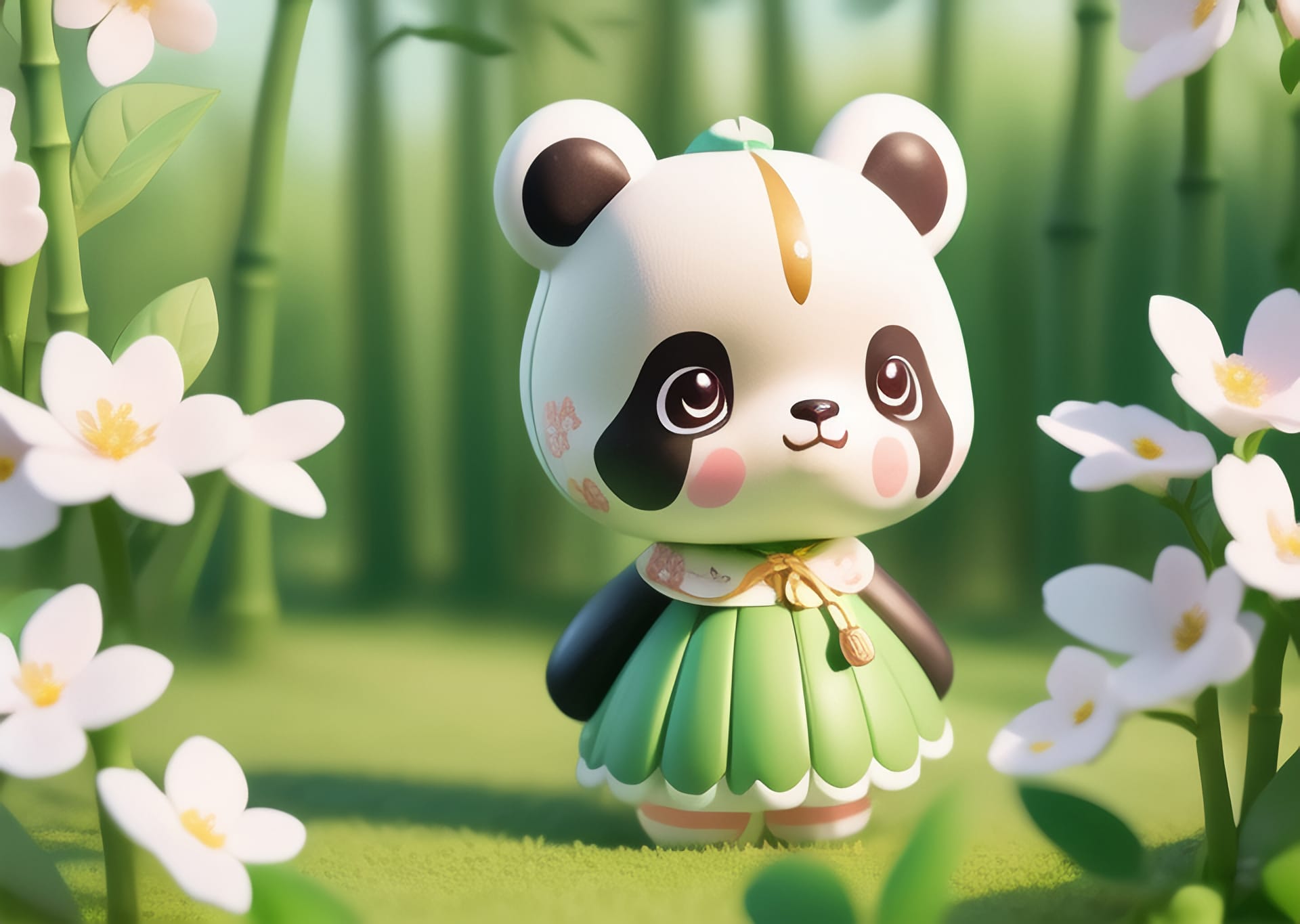 Toy panda with green dress stands forest with white flowers