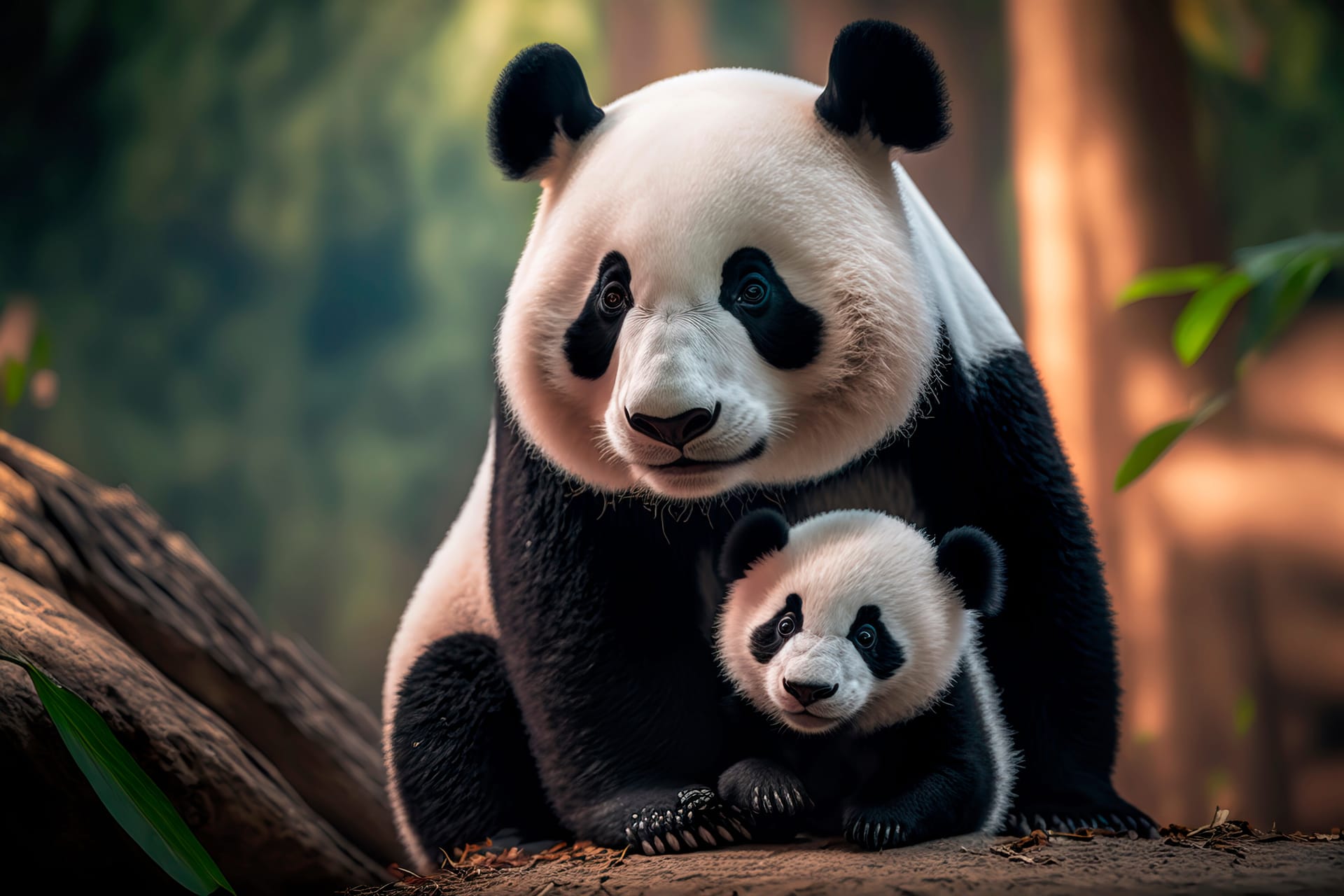 With baby panda happy together chinese park realistic digital illustration