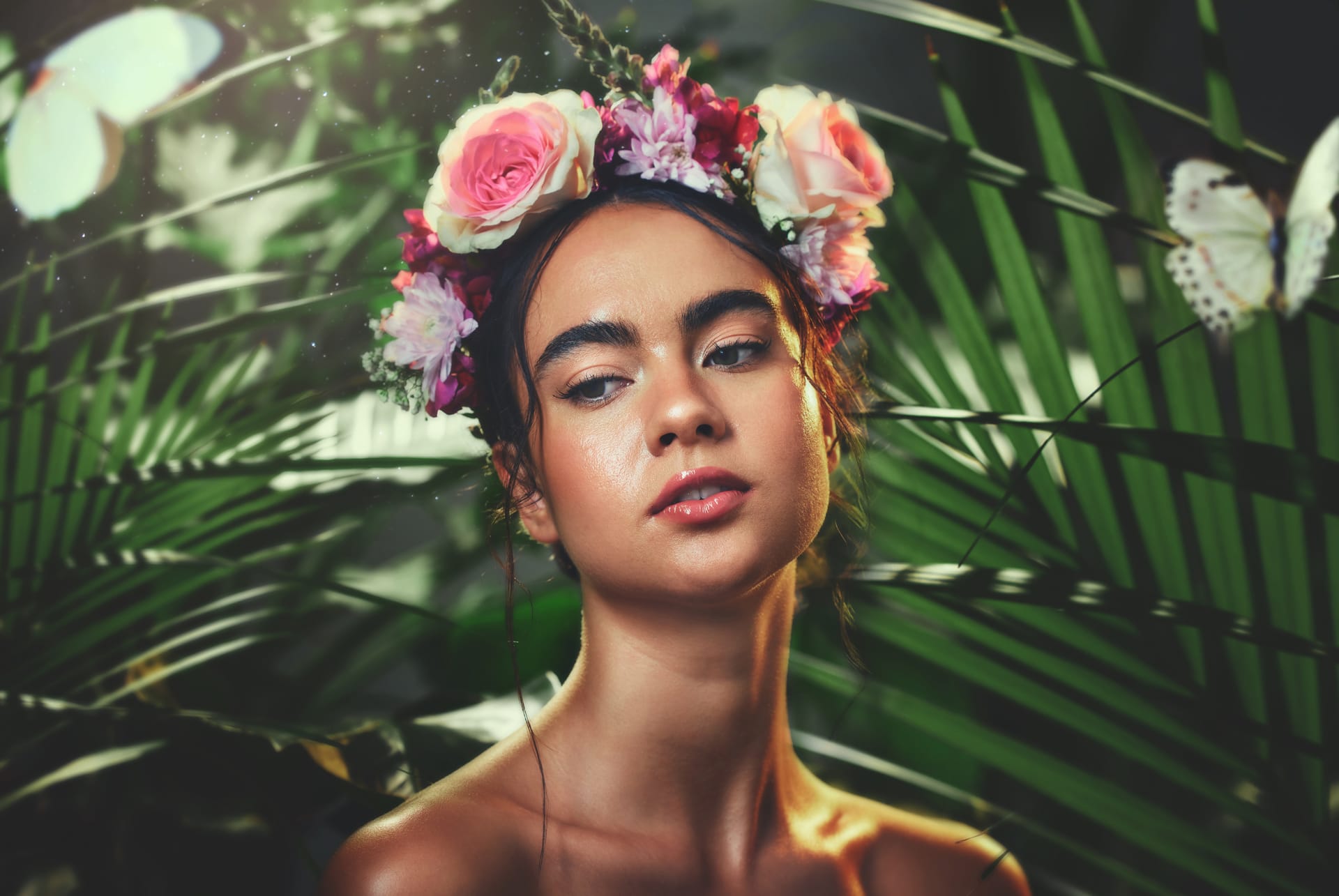 Tropical dermatology product cosmetics makeup aesthetic spring model with natural floral mockup