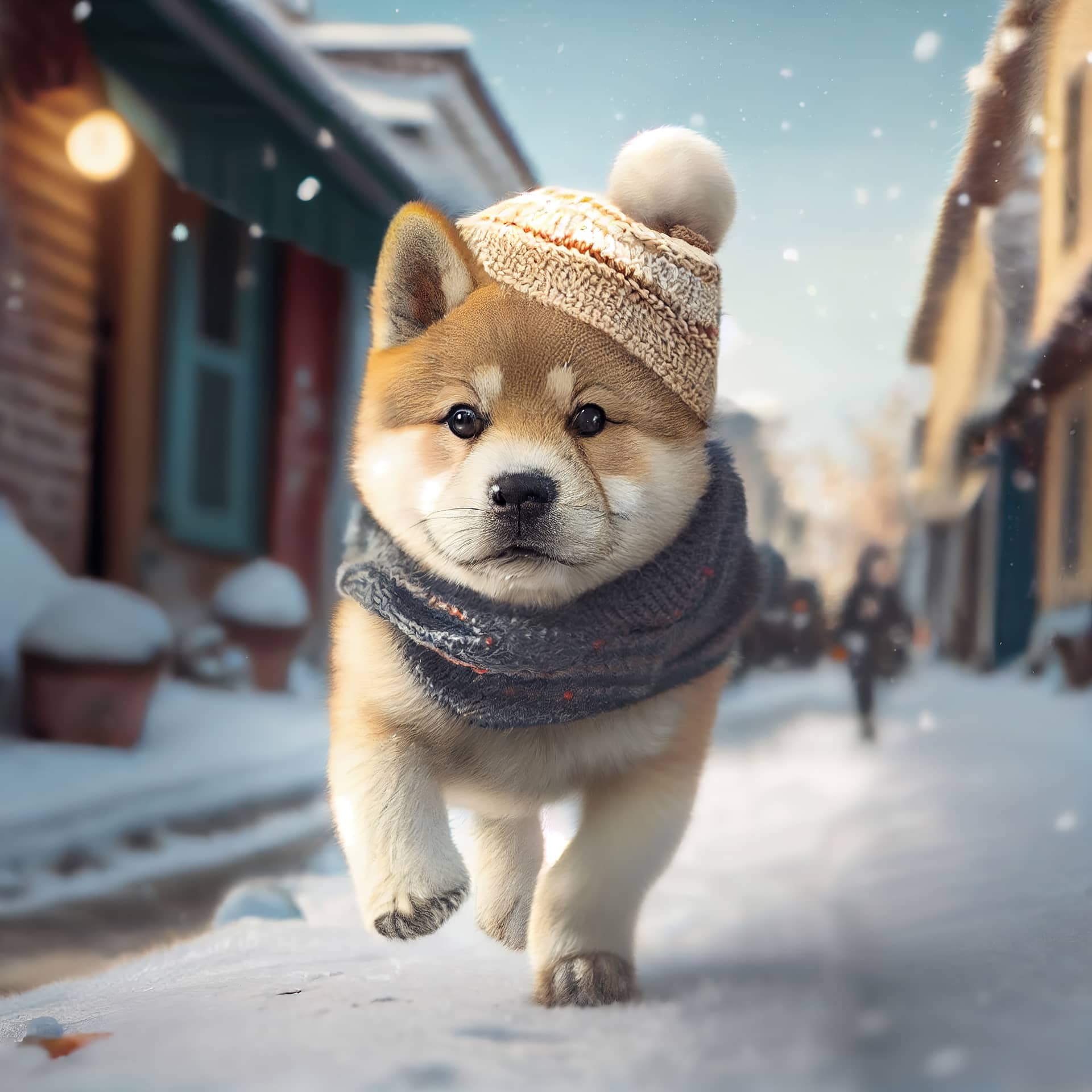 Akita dog running winter street little town generative