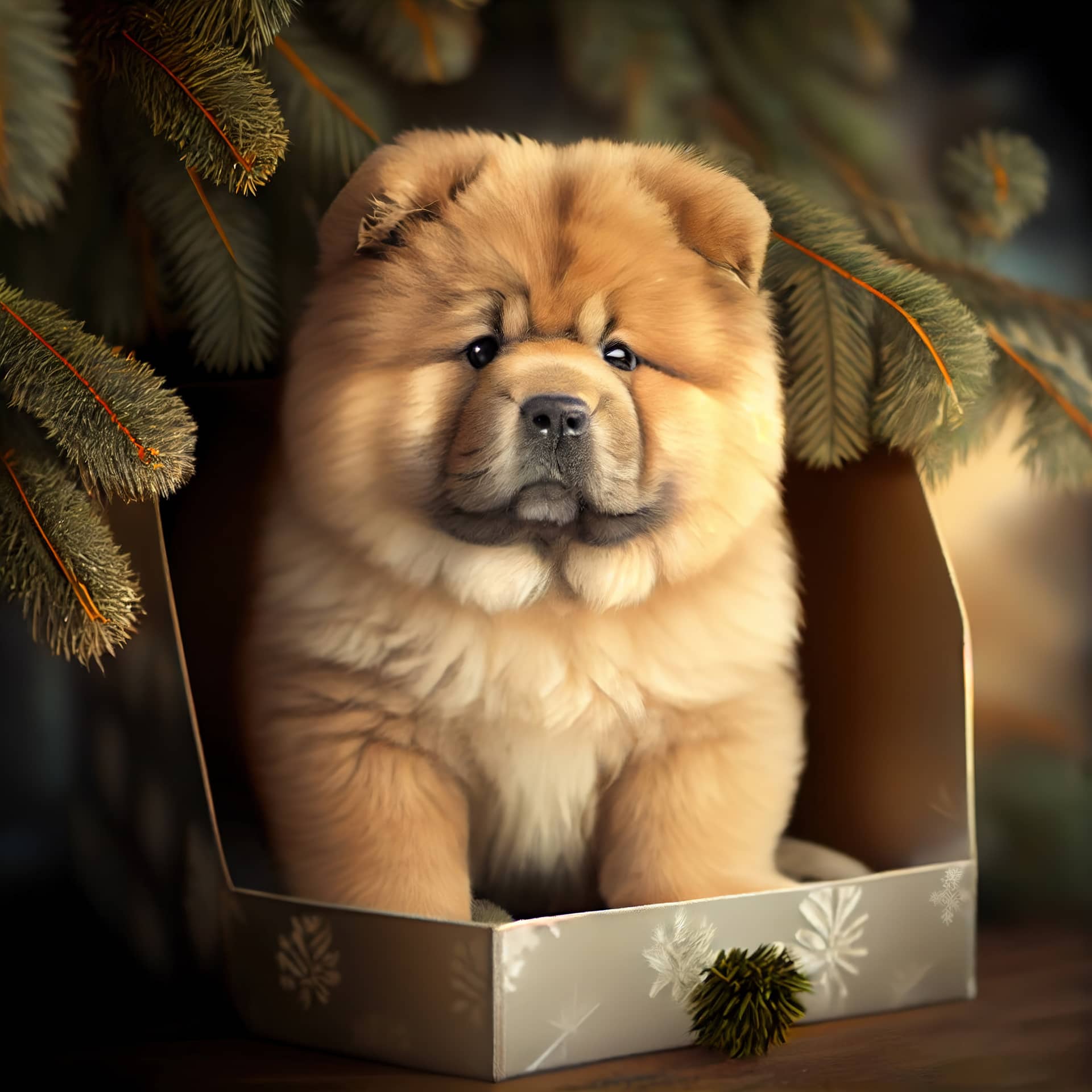 Chow chow puppy sitting christmas tree as present generative