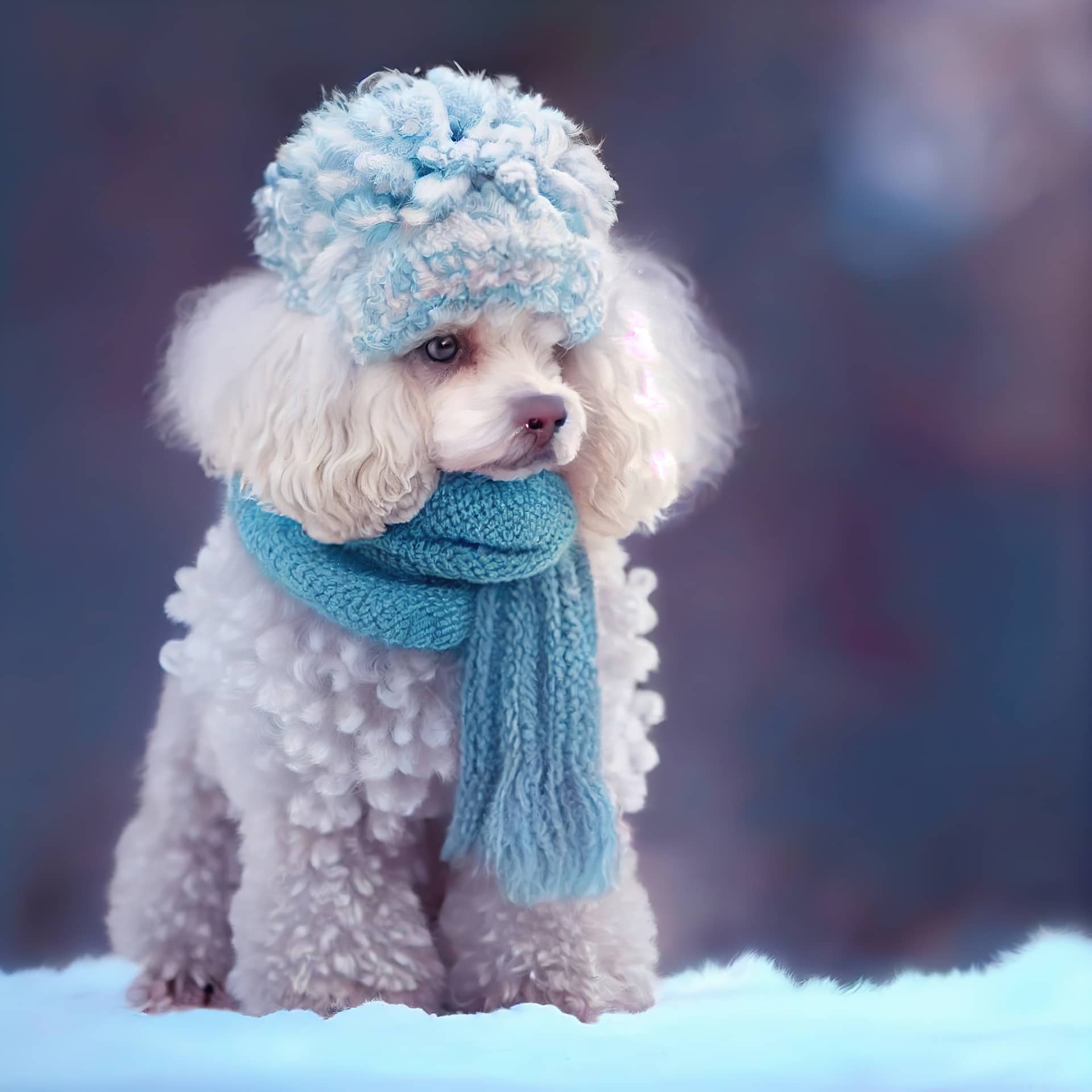 Dog sitting winter park light blue knitted hat scarf generative
