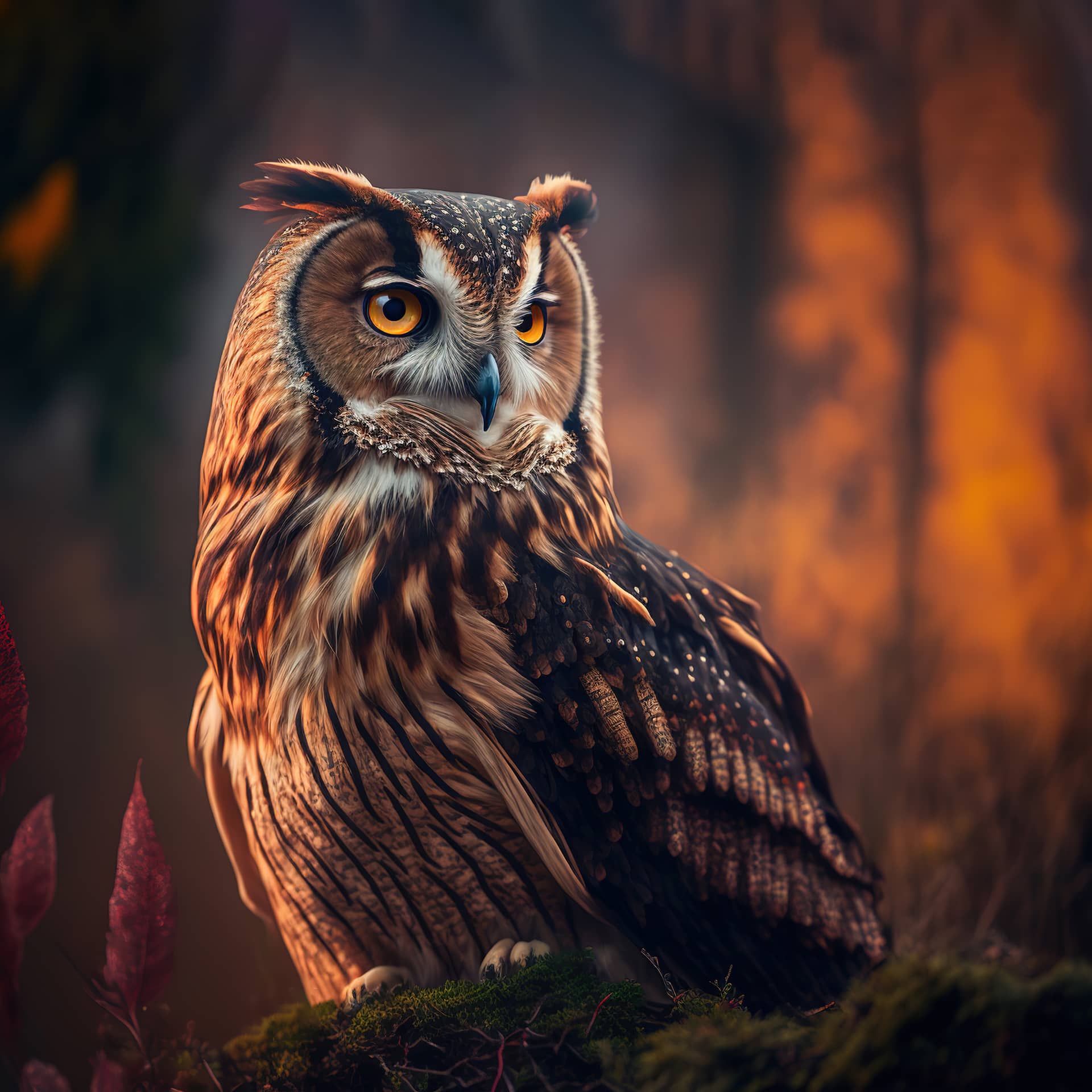 Owl portrait with blurred forest background with empty copy space