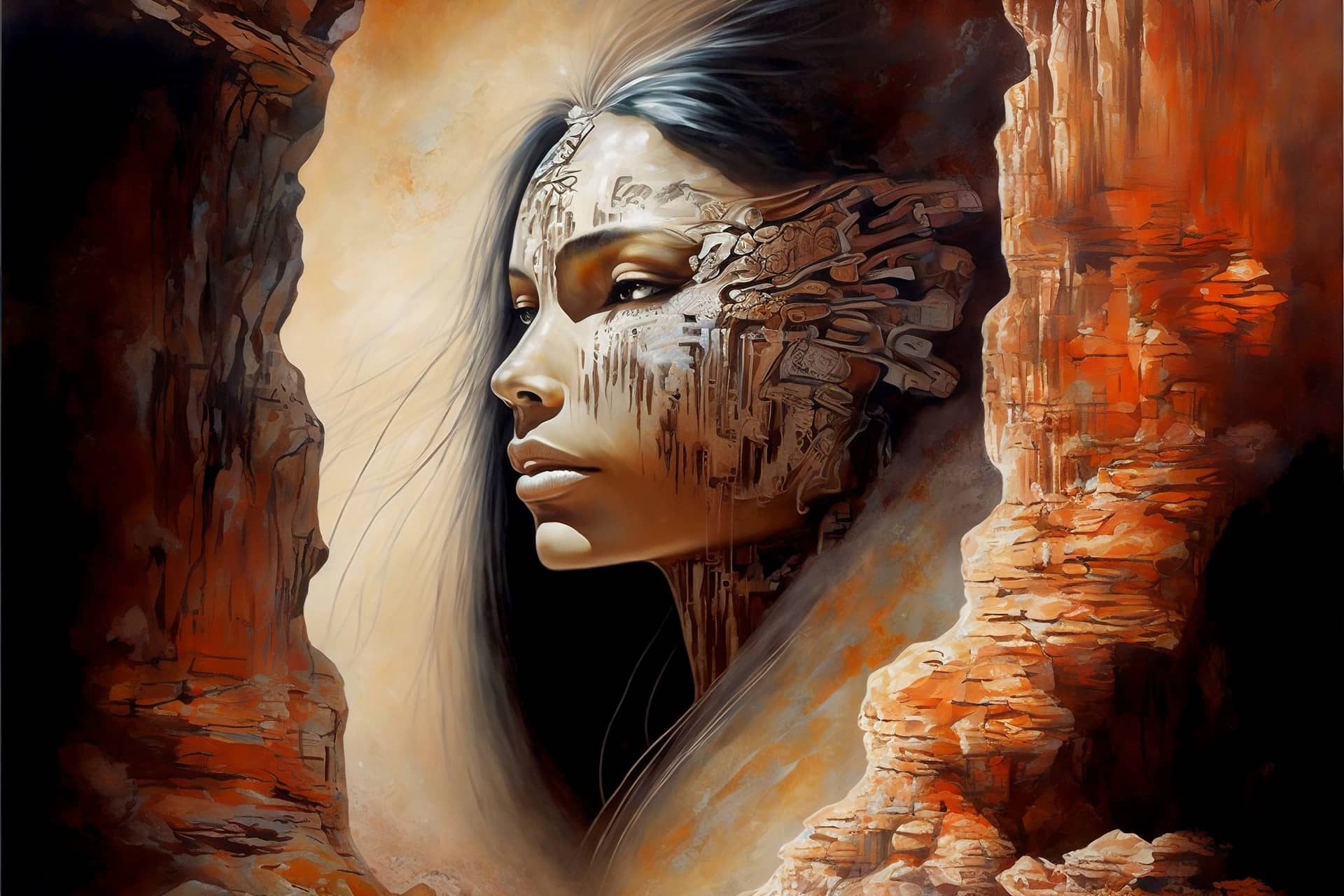 Art profile picture woman ancient cave creative digital painting