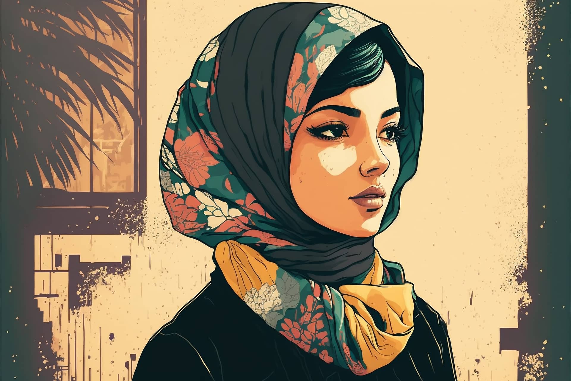 Digital painting iranian woman wearing hijab illustration creative