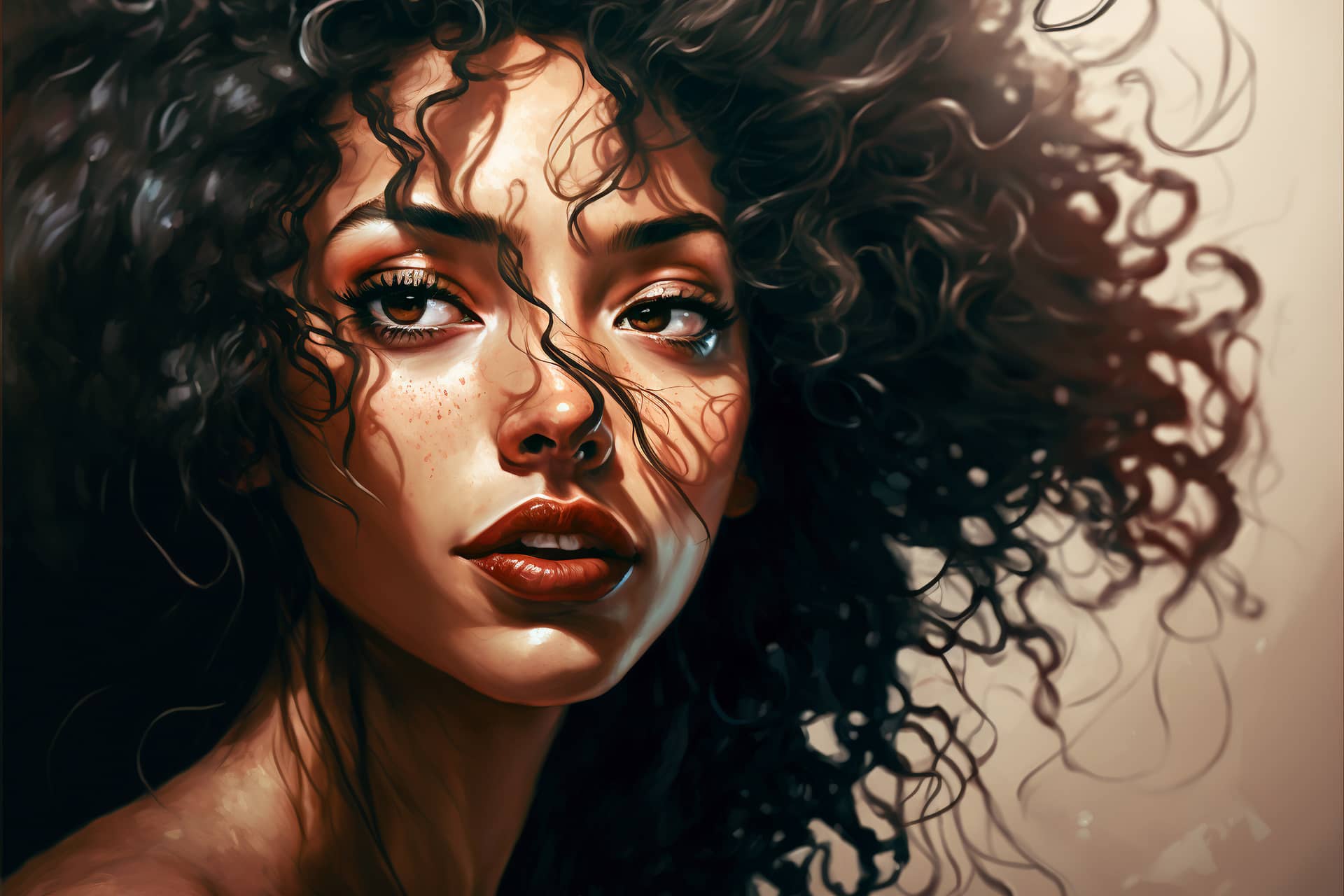 Up portrait beautiful woman with curly hair digital fine art profile picture