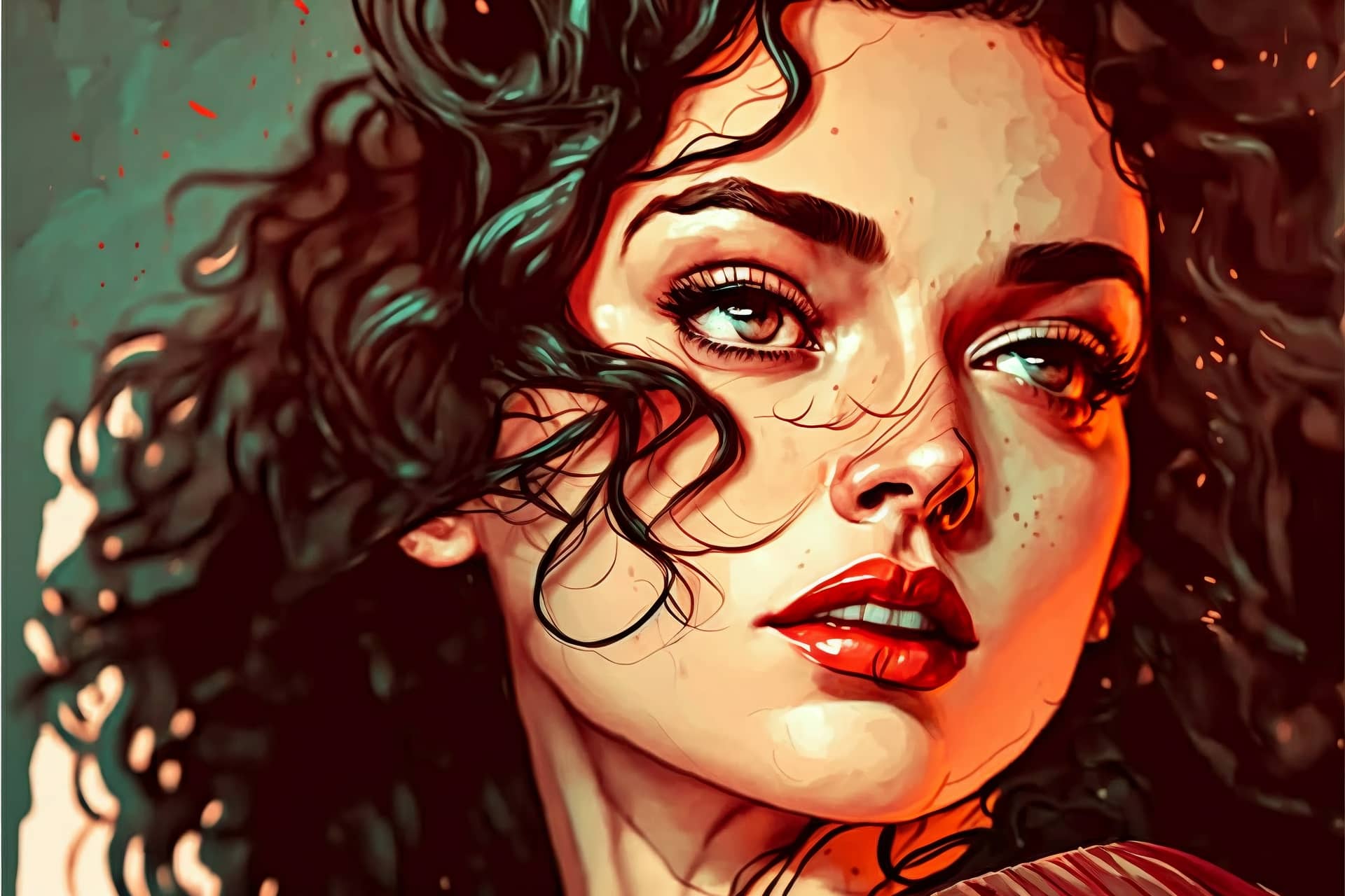 Up portrait beautiful woman with curly hair digital painting artwork