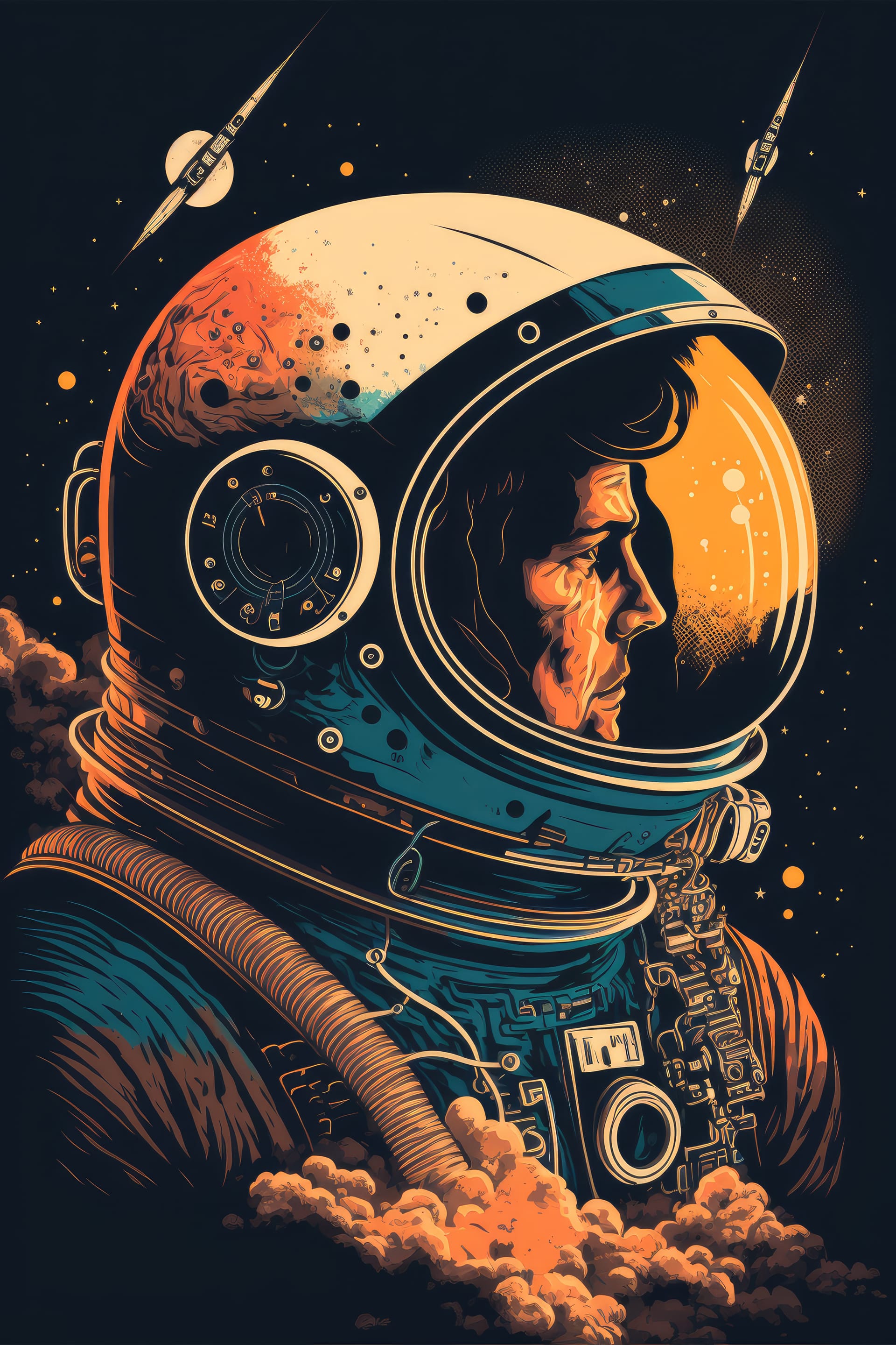 Colorful poster with astronaut planets stars vintage style illustration generated