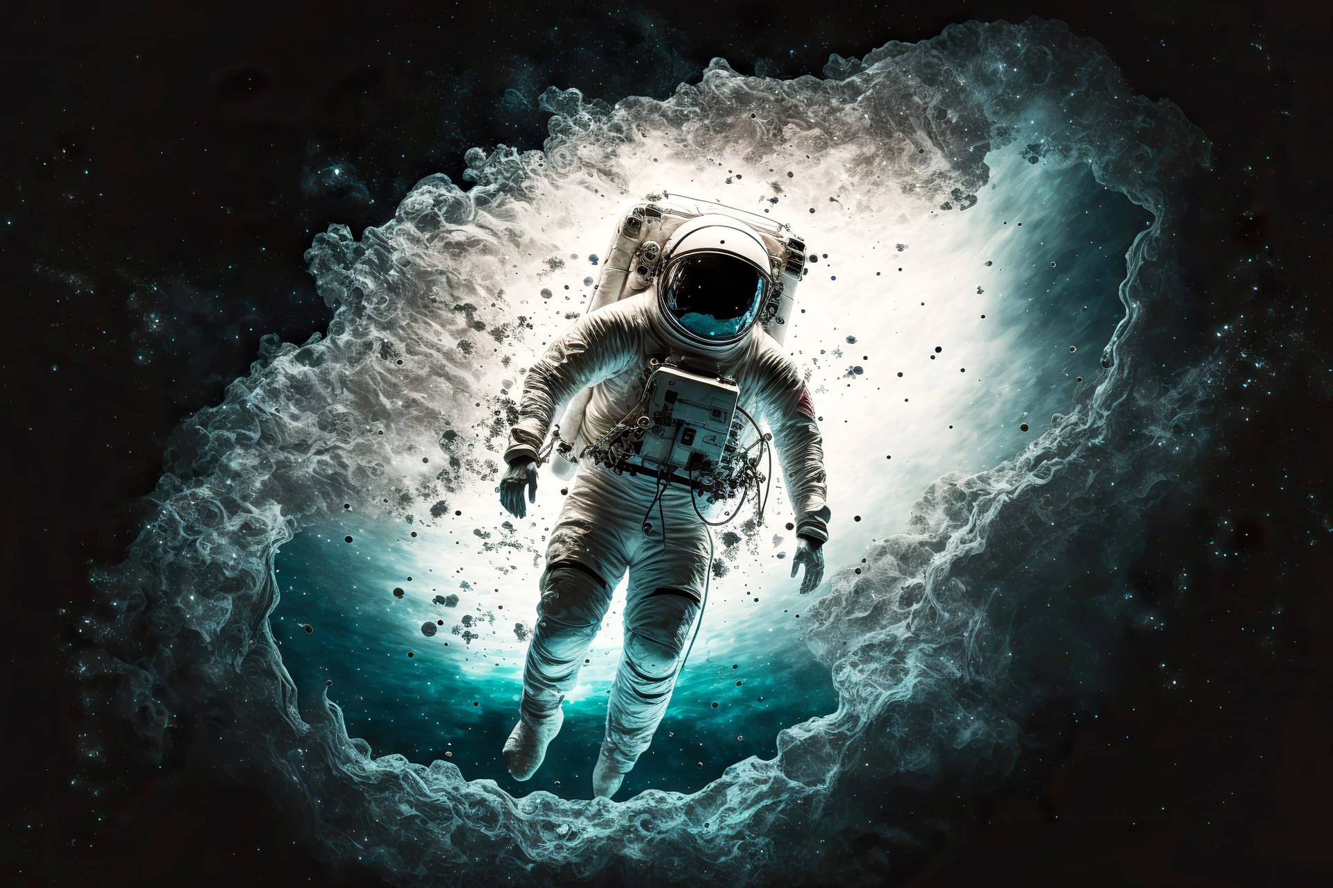 Journey through galaxies world future floating astronaut