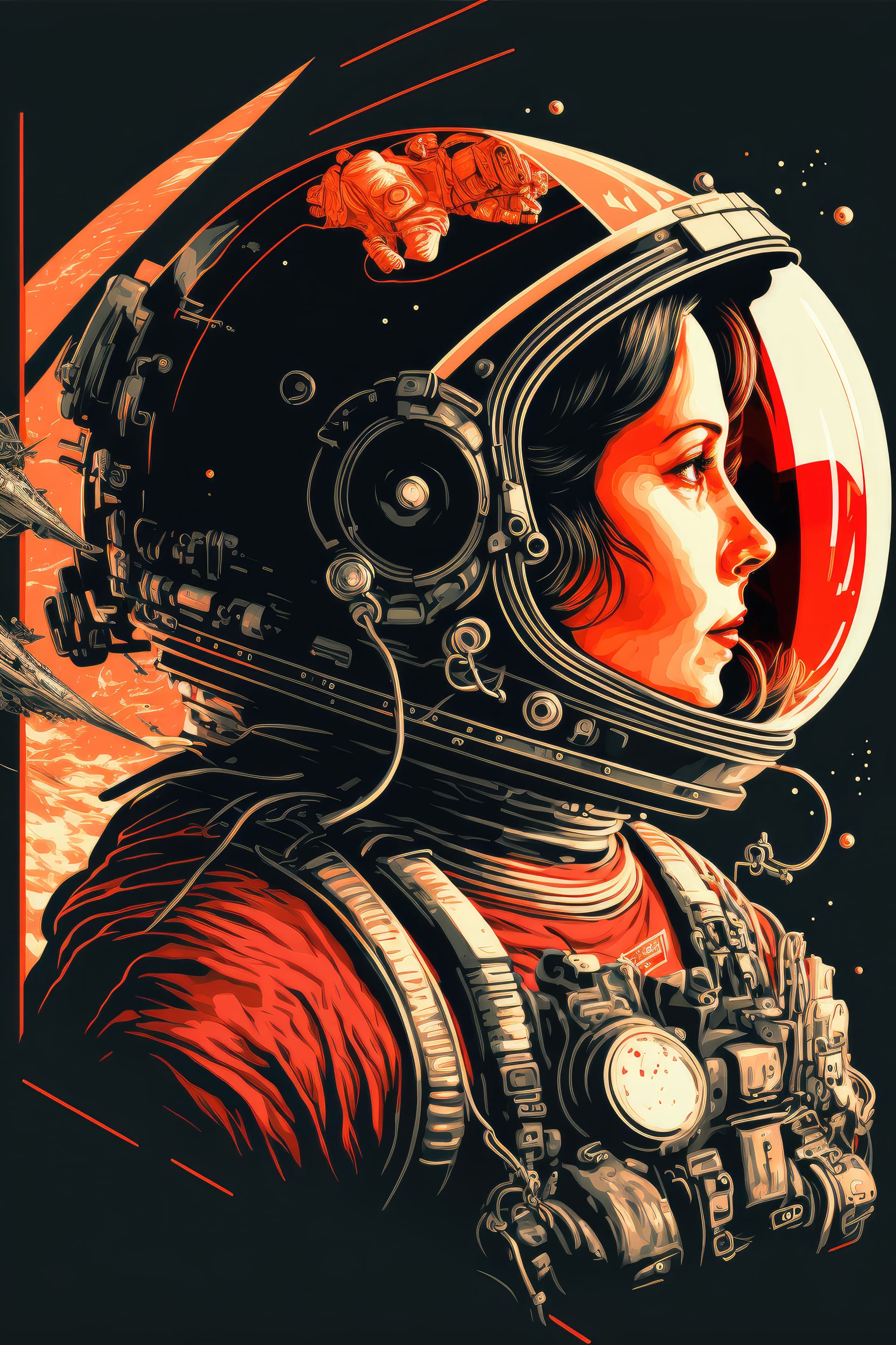 Poster with astronaut planets stars vintage style illustration generated image