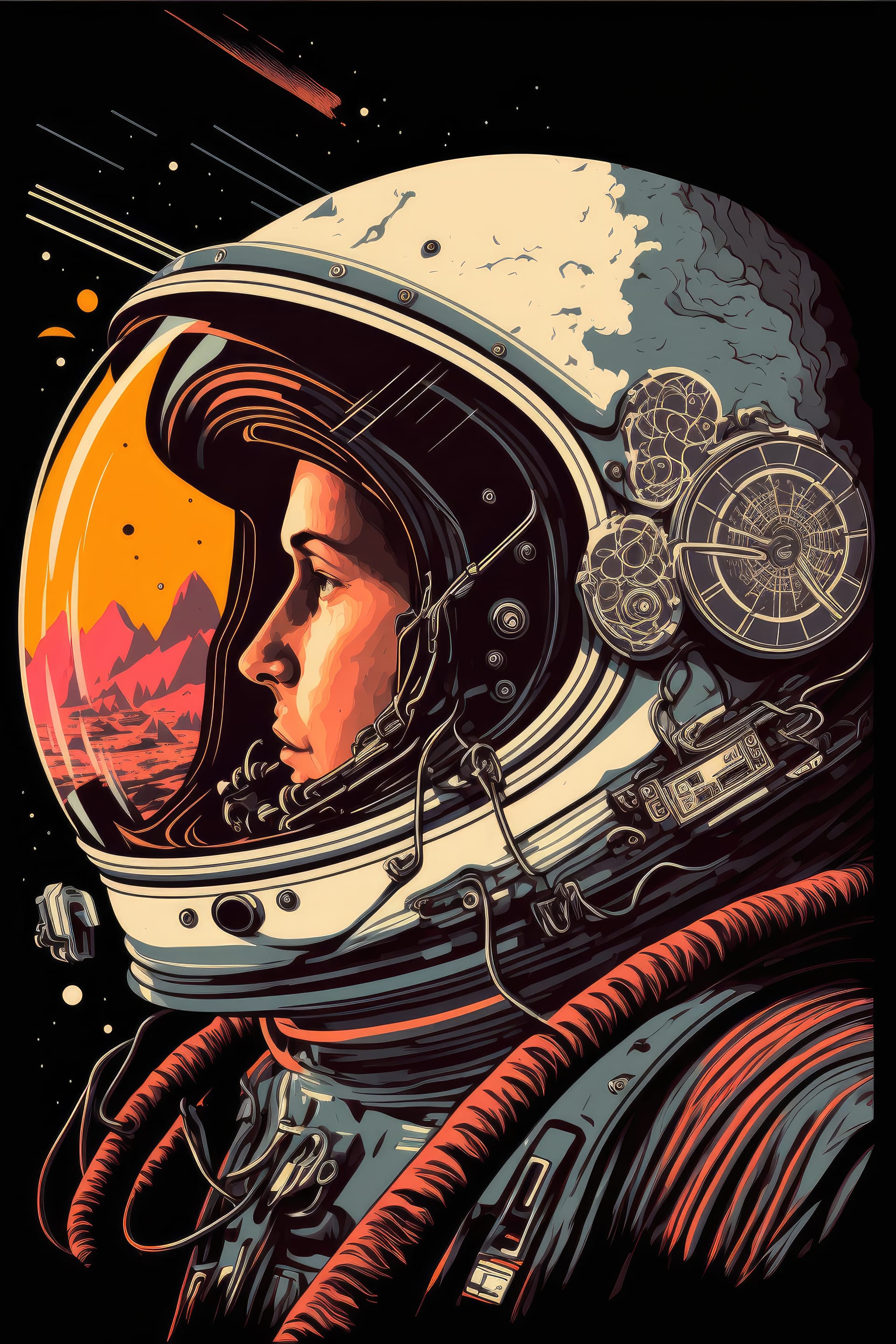 Poster with astronaut planets stars vintage style illustration generated picture