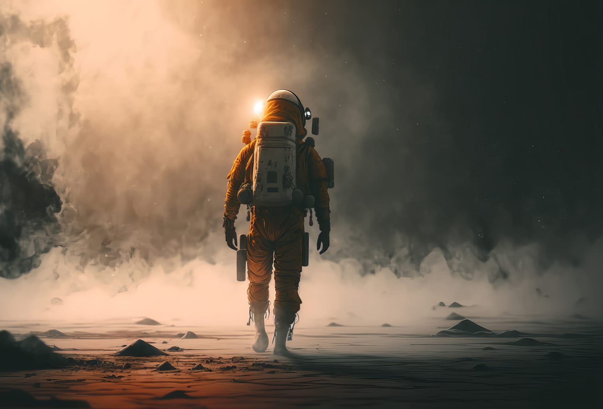 Spaceman walking through misty distant planet landscape astronaut profile picture