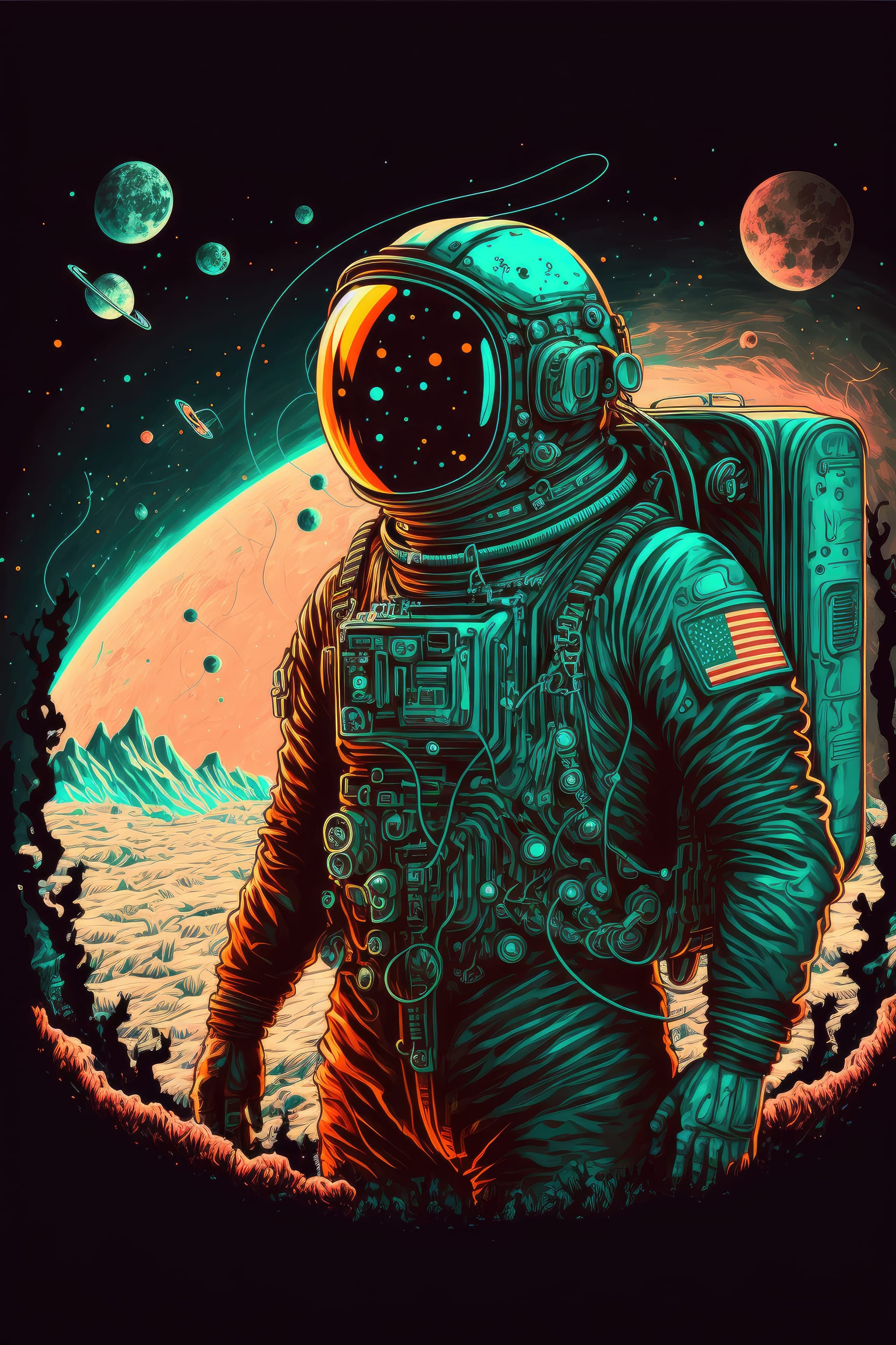 With astronaut planets stars vintage style illustration generated excellent image