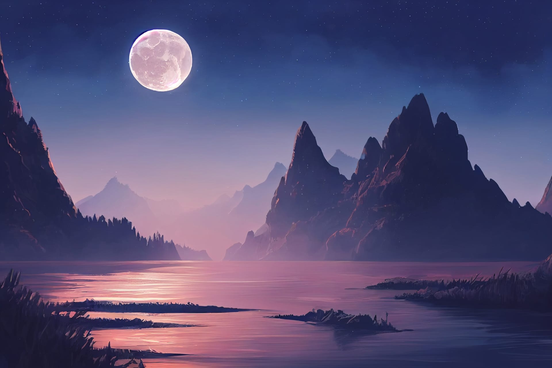 Beautiful moon river night with mountain sea side view