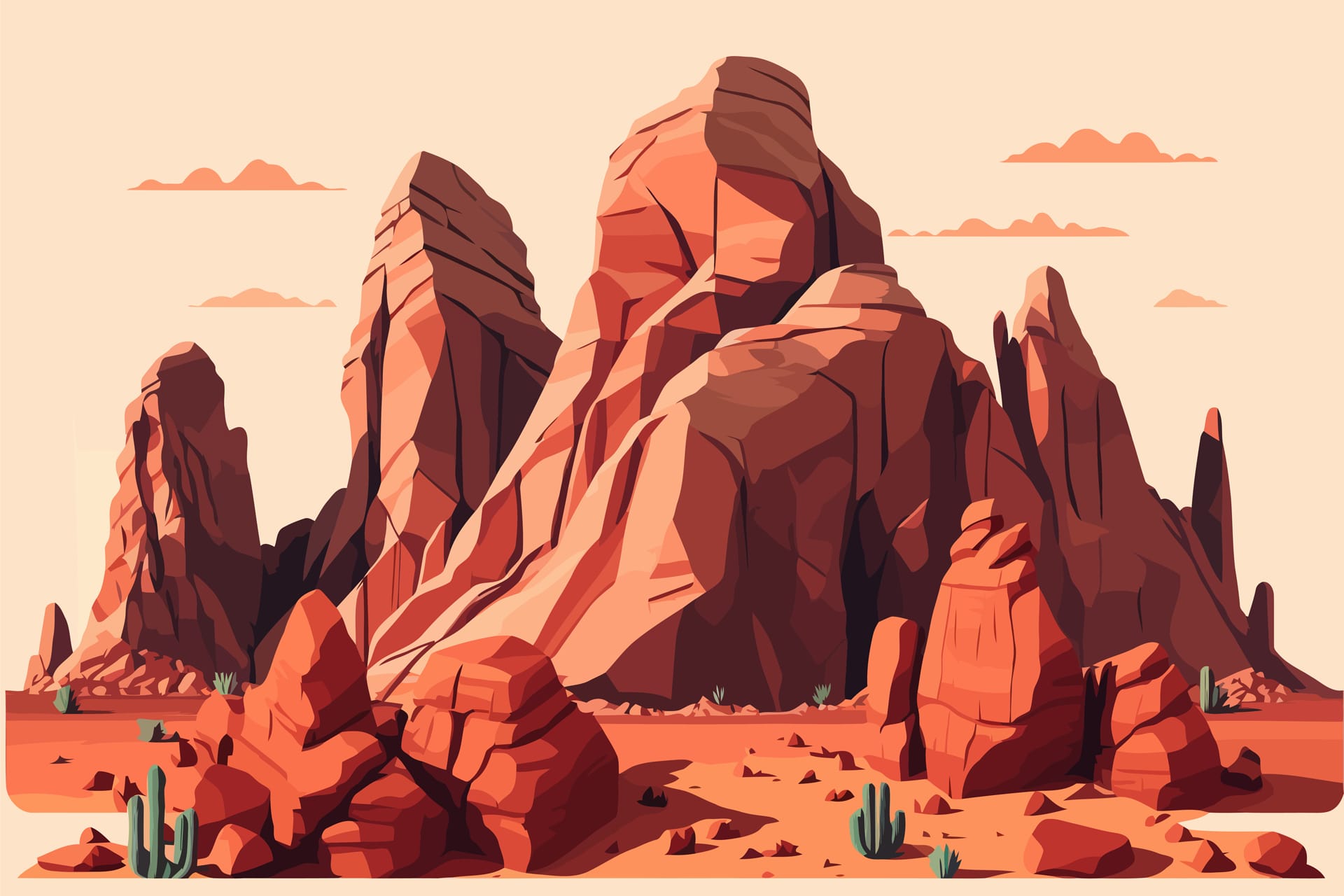 Desert landscape with red rocks cactuses illustration