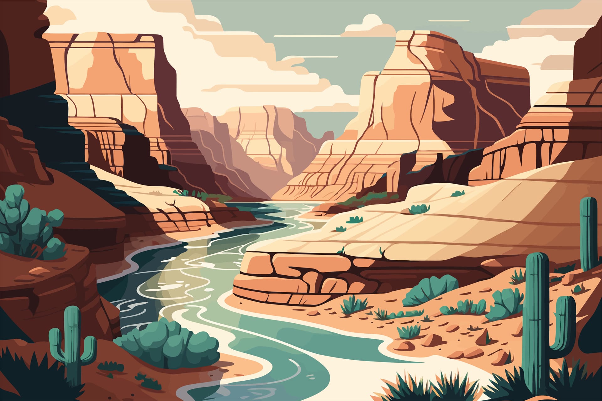 Desert landscape with river cactuses illustration