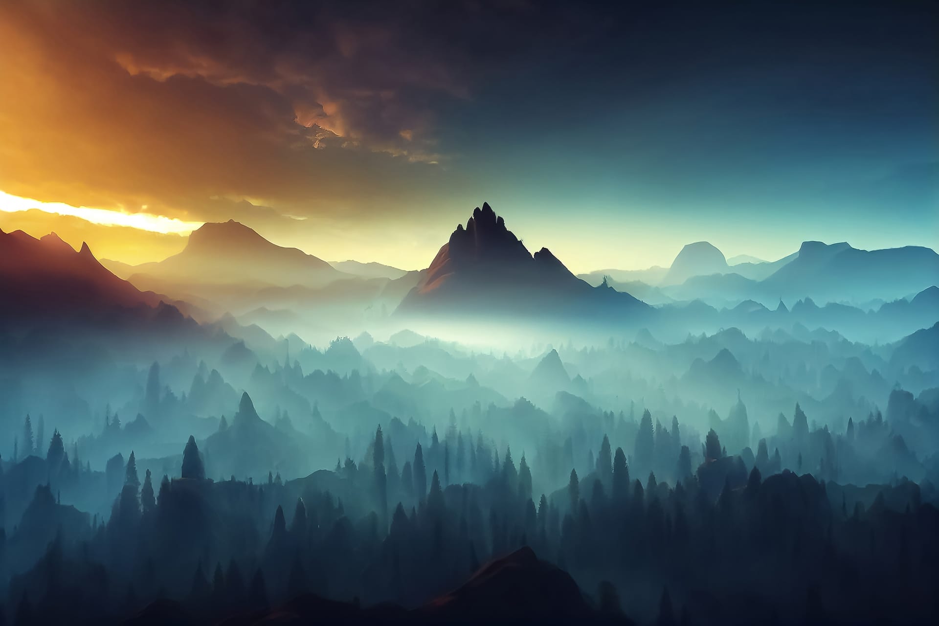 Illustration fantastic landscape peaks mountain sunset image
