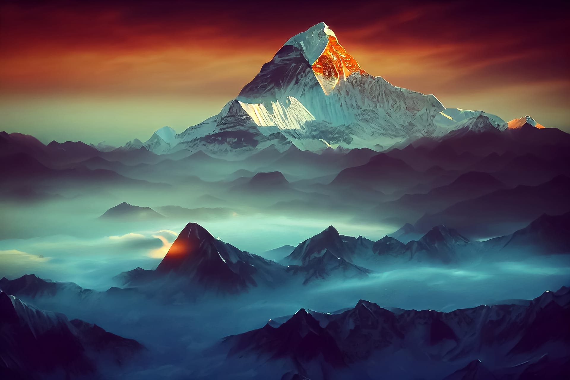 Illustration fantastic landscape peaks mountain sunset