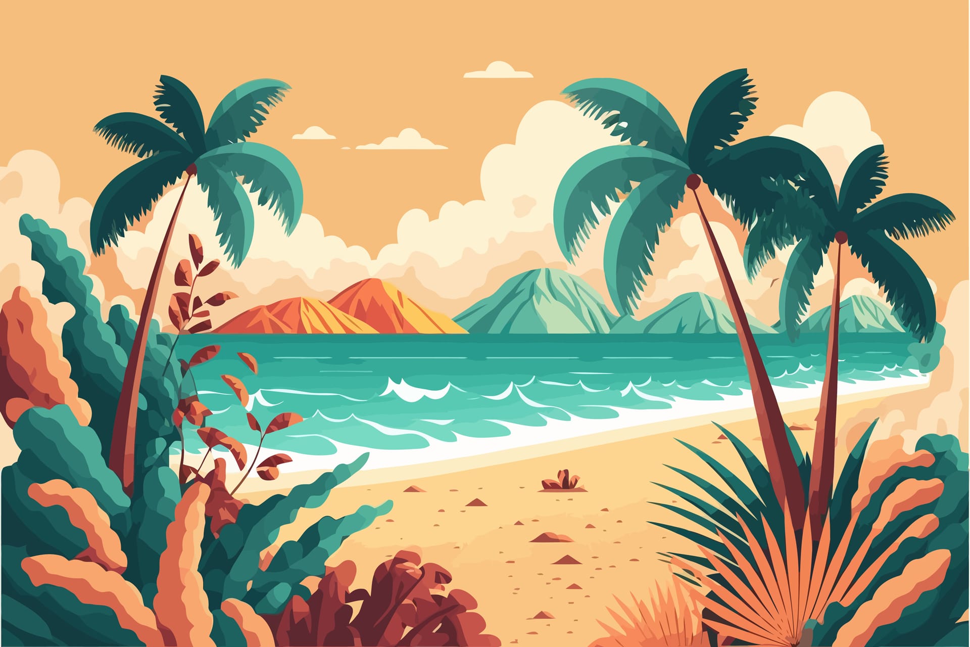 Tropical summer beach ocean sunset sunrise view cartoon illustration
