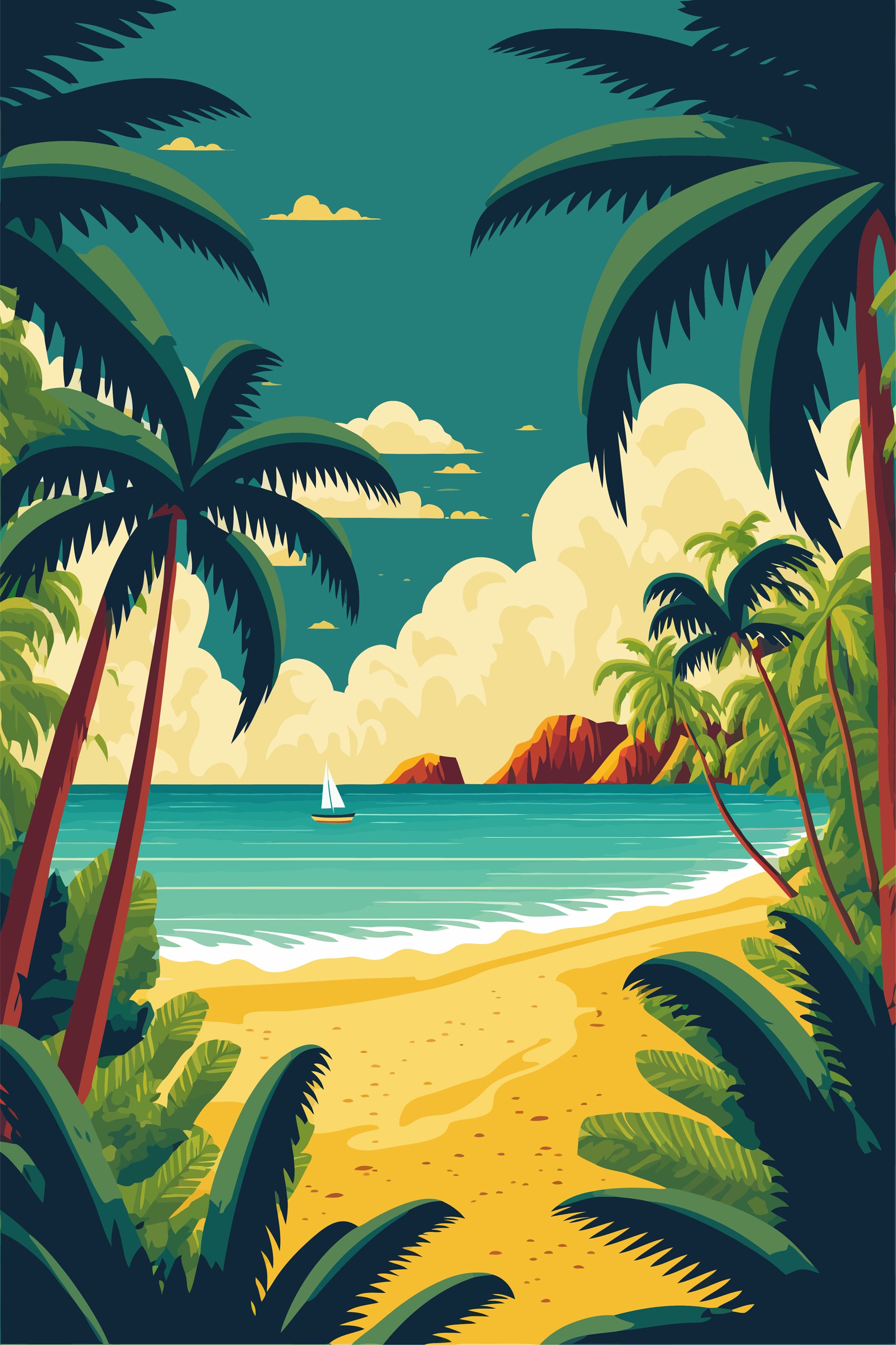 Tropical summer beach ocean sunset sunrise view cartoon illustration2