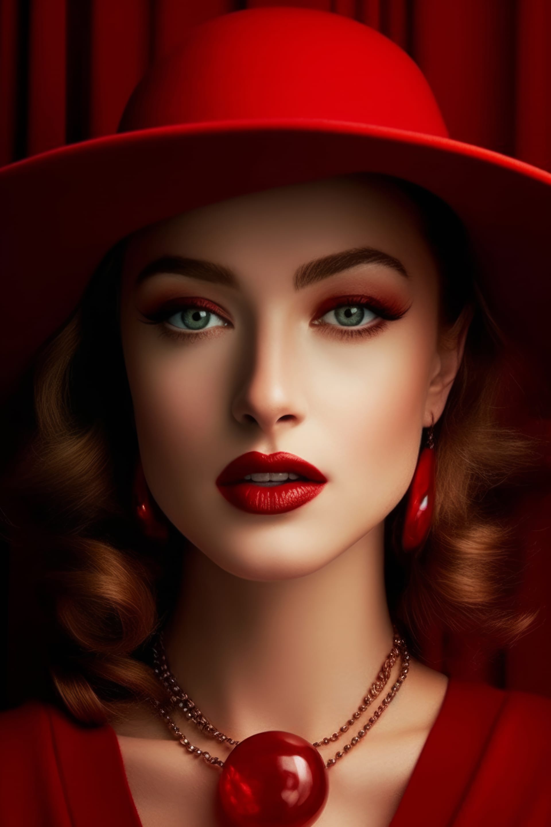 Beautiful woman red hat beautiful necklace fine picture