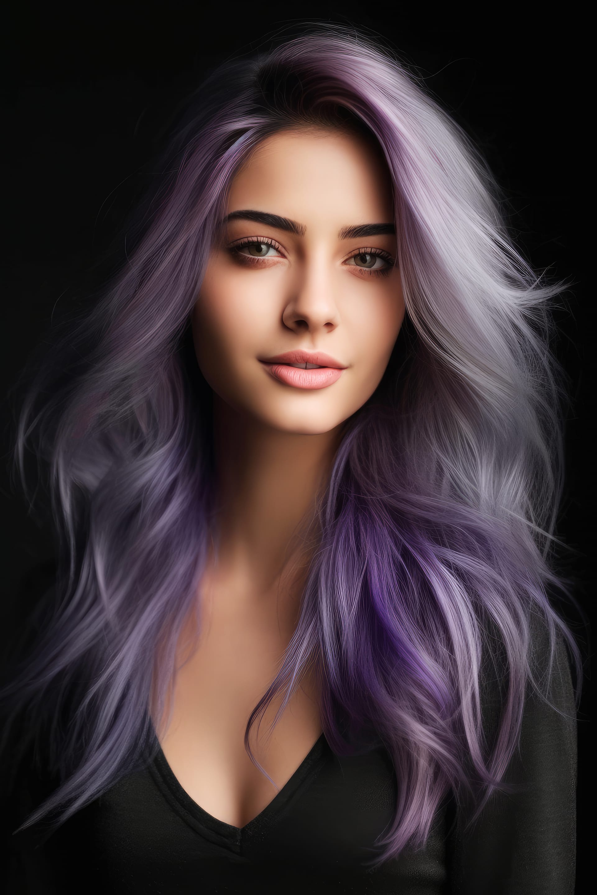 Beautiful woman with beautiful purple hair black shirt