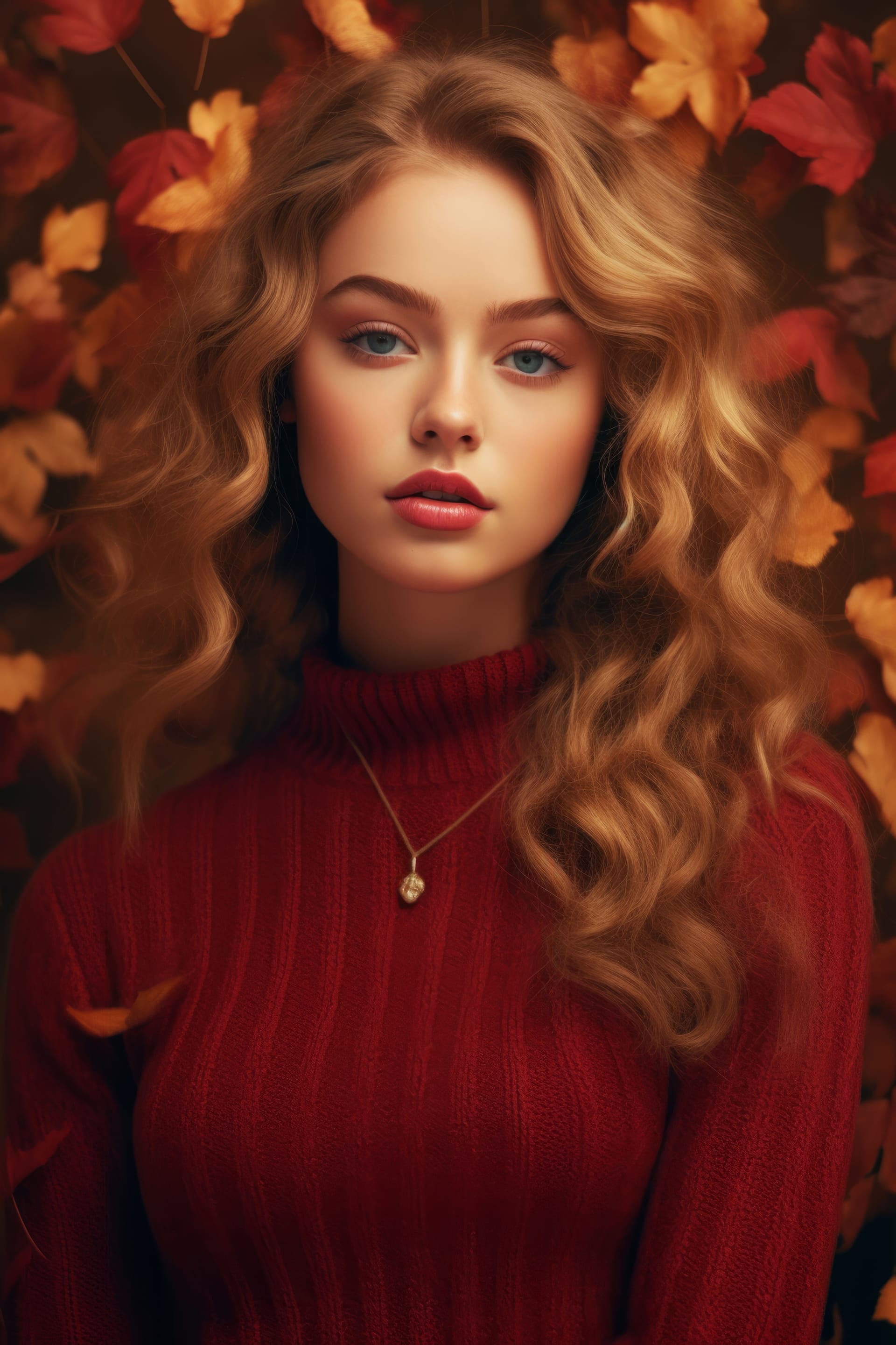 Girl with long curly hair red sweater