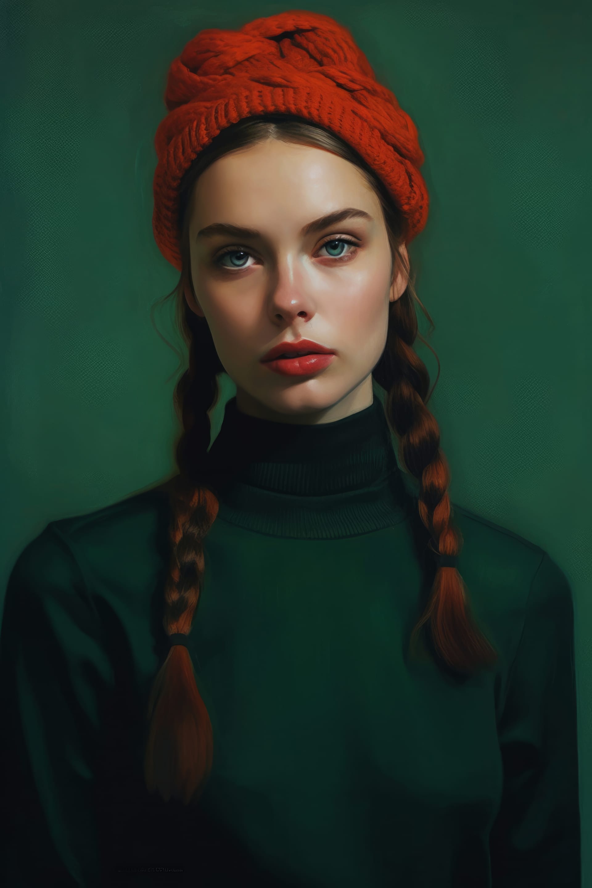 Painting girl with braids red hat luminous image
