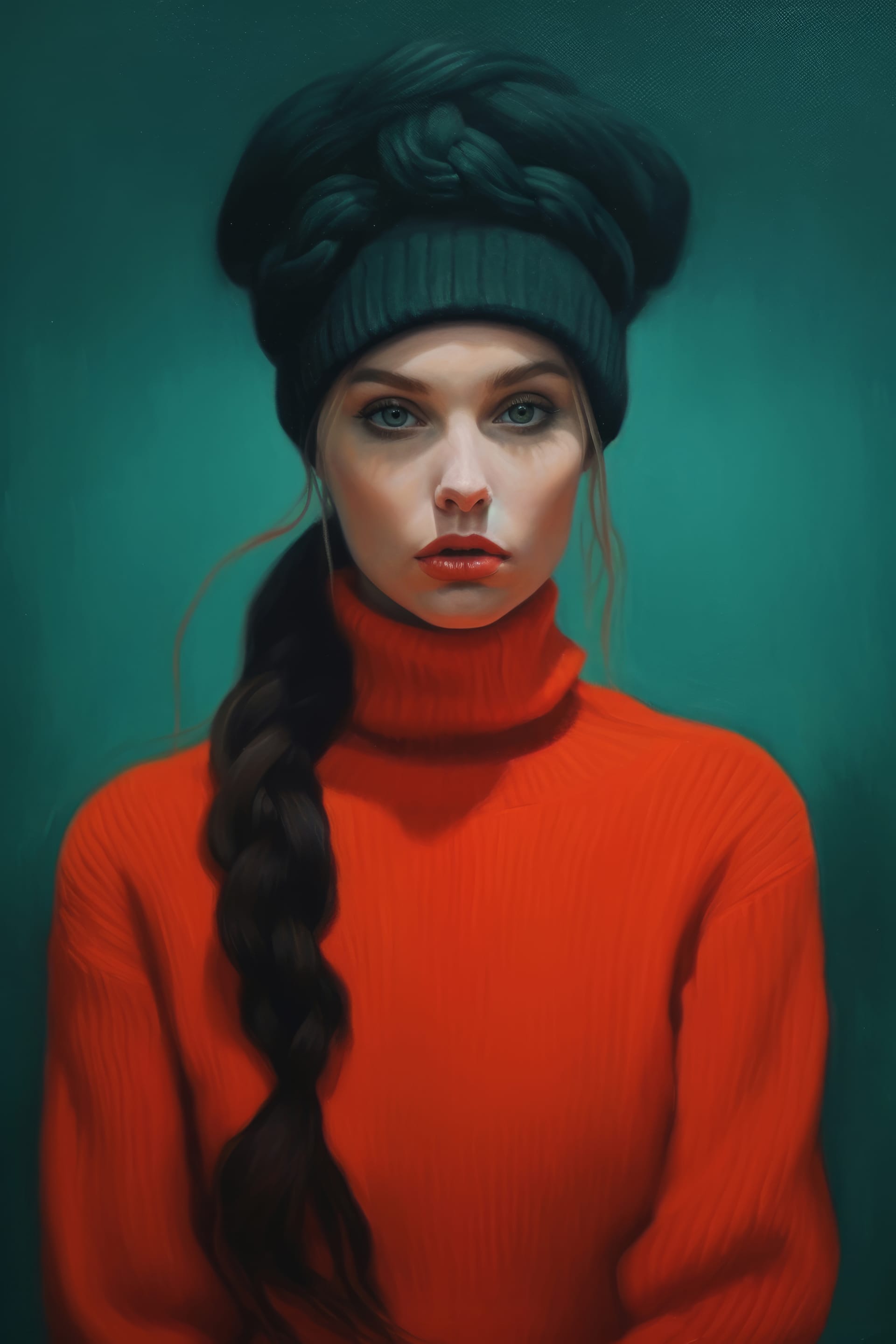 Painting woman with orange sweater evocative artwork portraiture