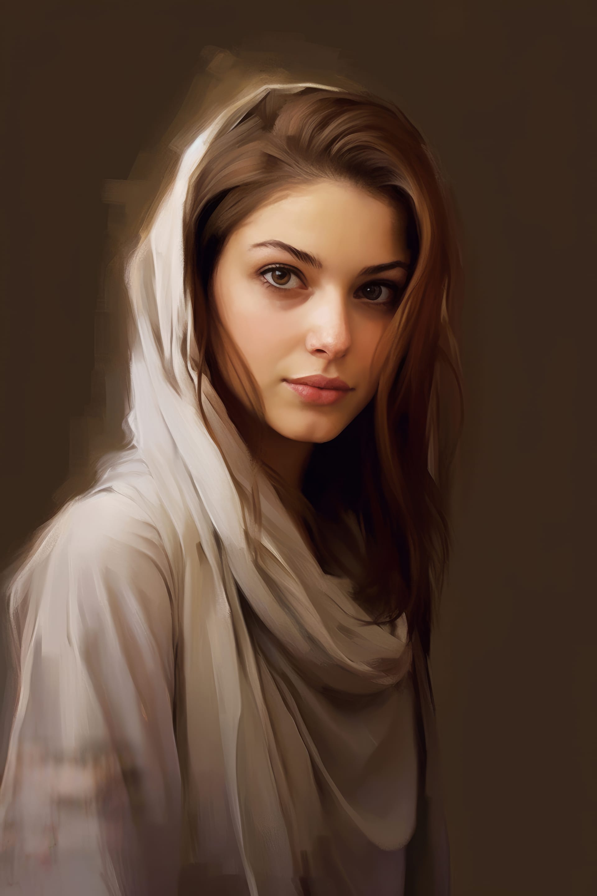 Portrait beautiful woman white scarf excellent artwork