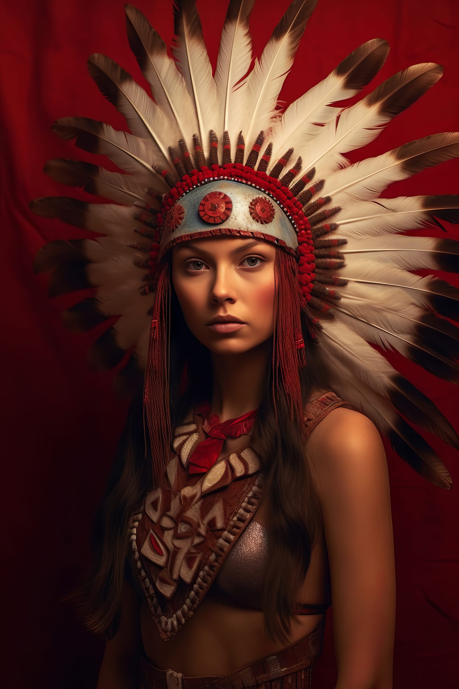Woman native american costume stands front red background