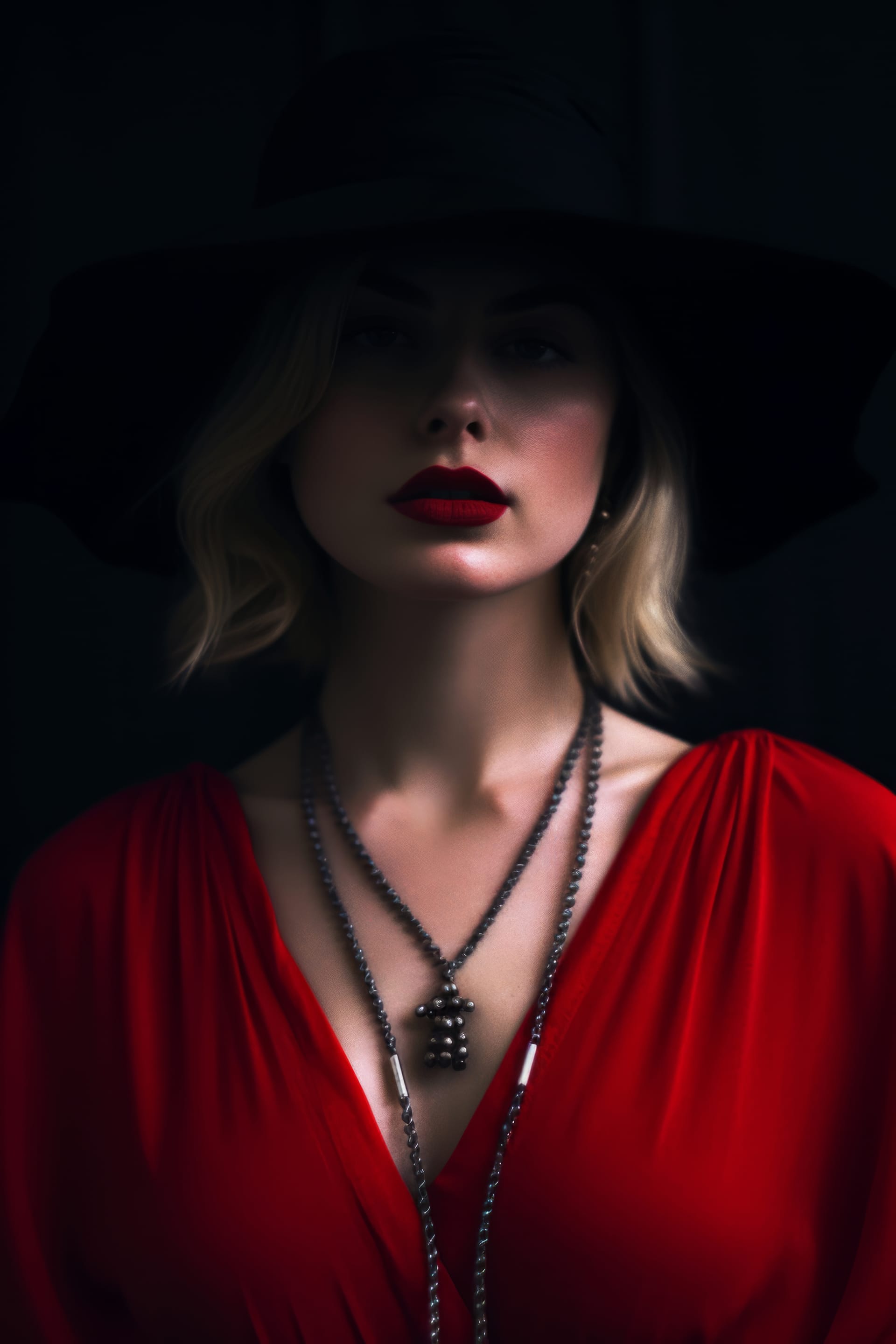 Woman red dress black hat stands front black background