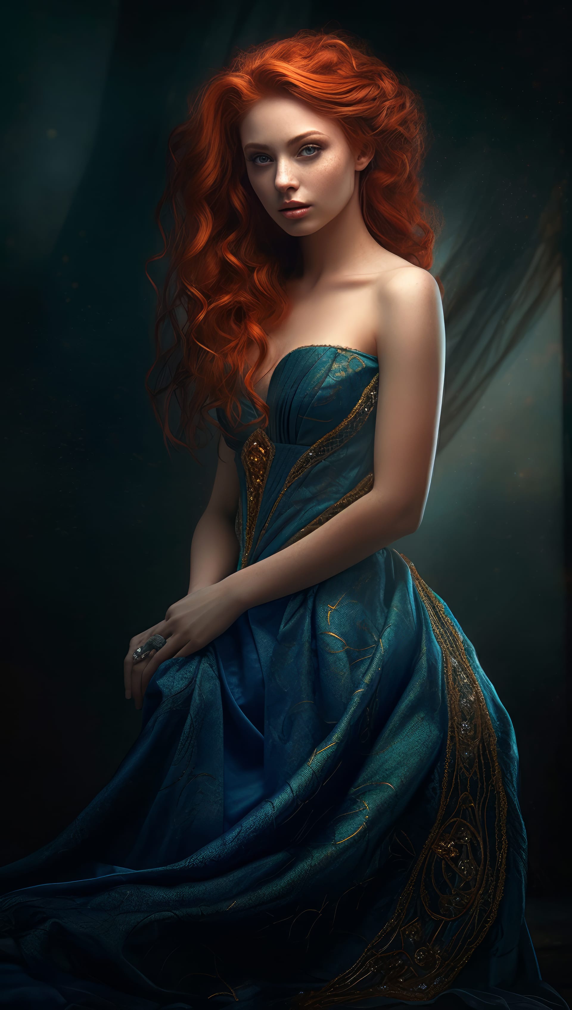Woman with orange hair blue dress graceful image