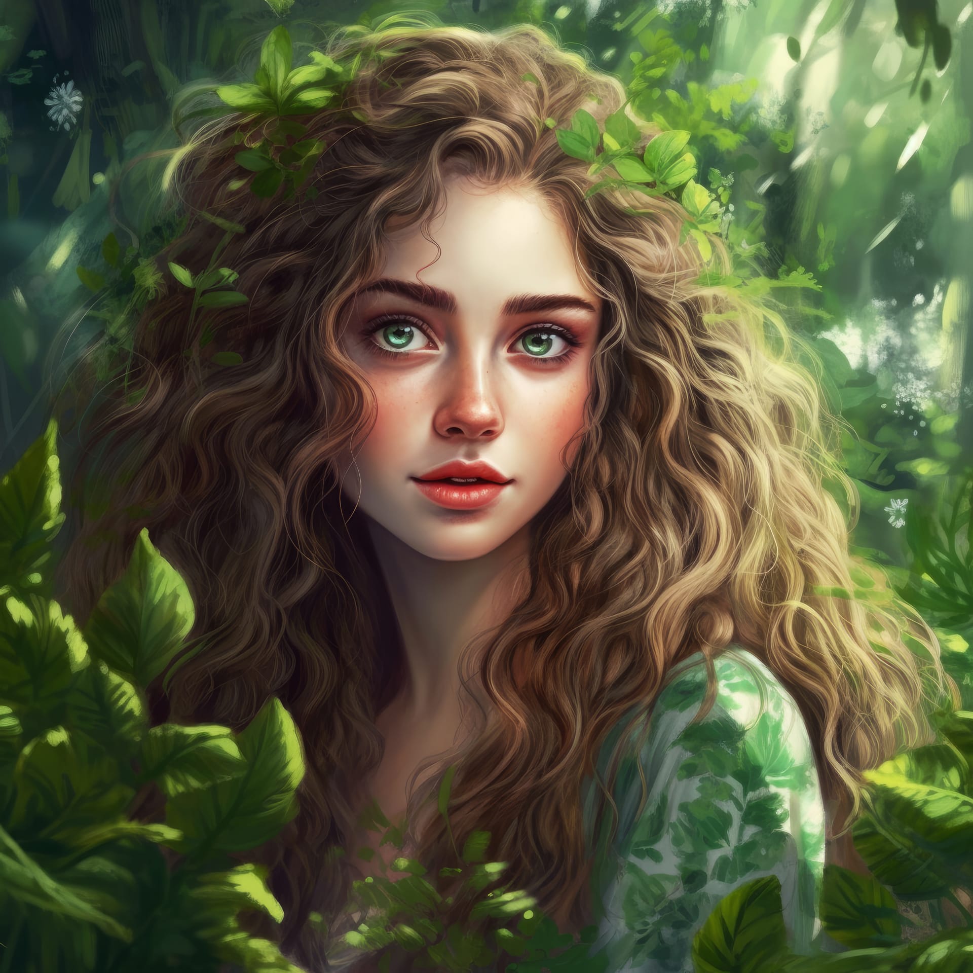 Girl with curly hair green leaves background