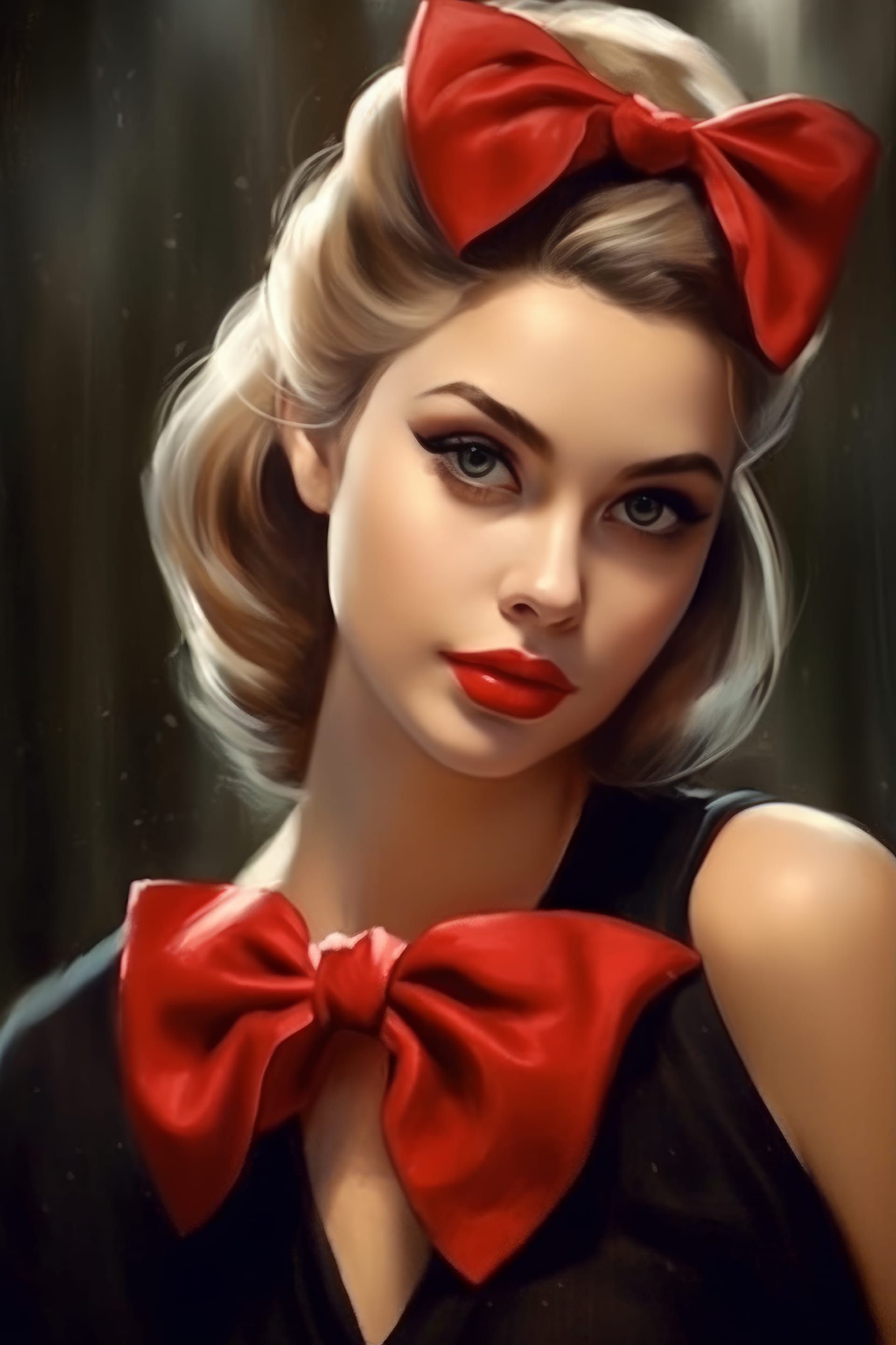 Girl with red bow is posing photo