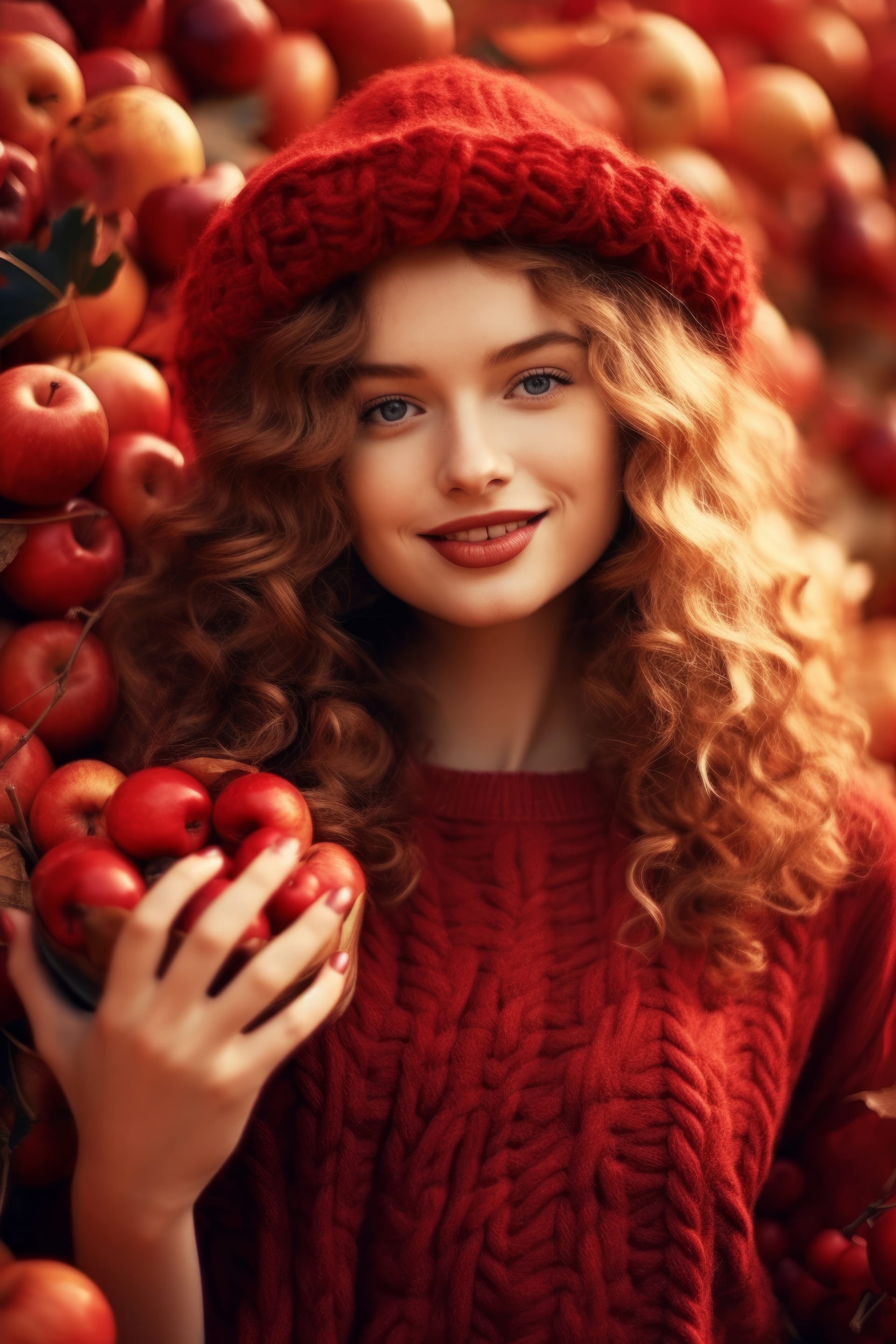 Girl with red hair red hat holds apples
