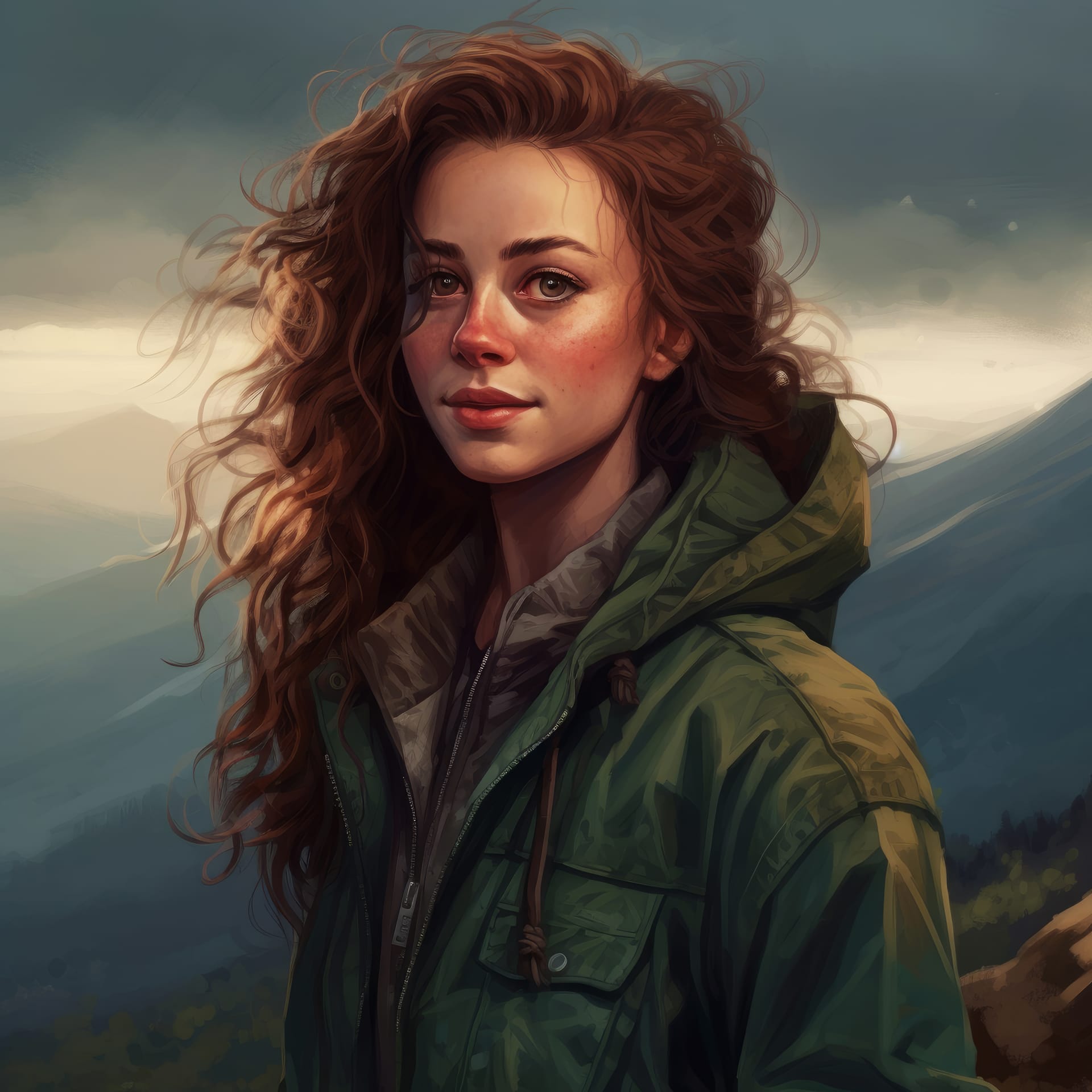 Painting woman with red hair green jacket