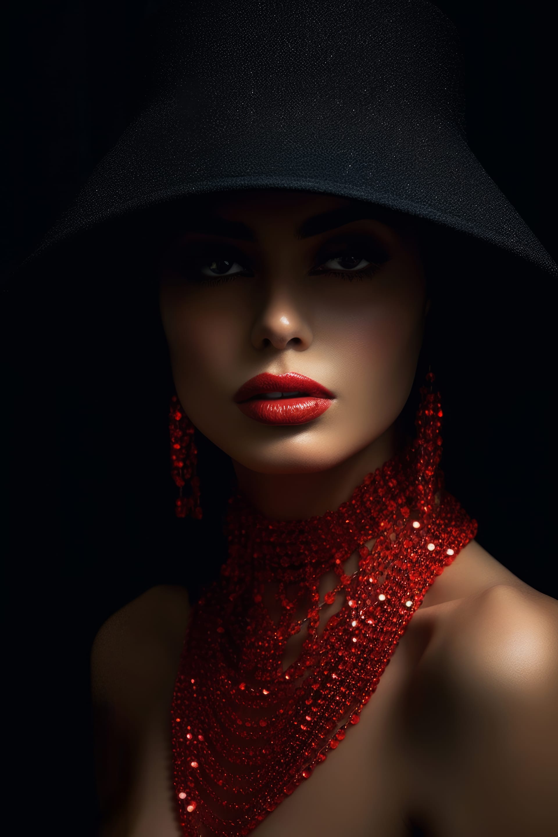 Woman black hat red beaded necklace stands front black background