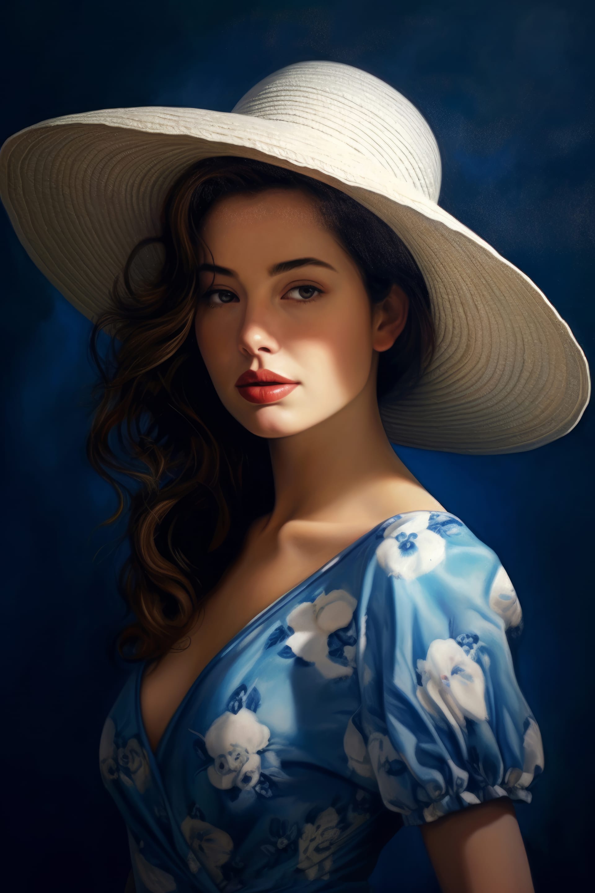 Woman blue dress white hat with white hat