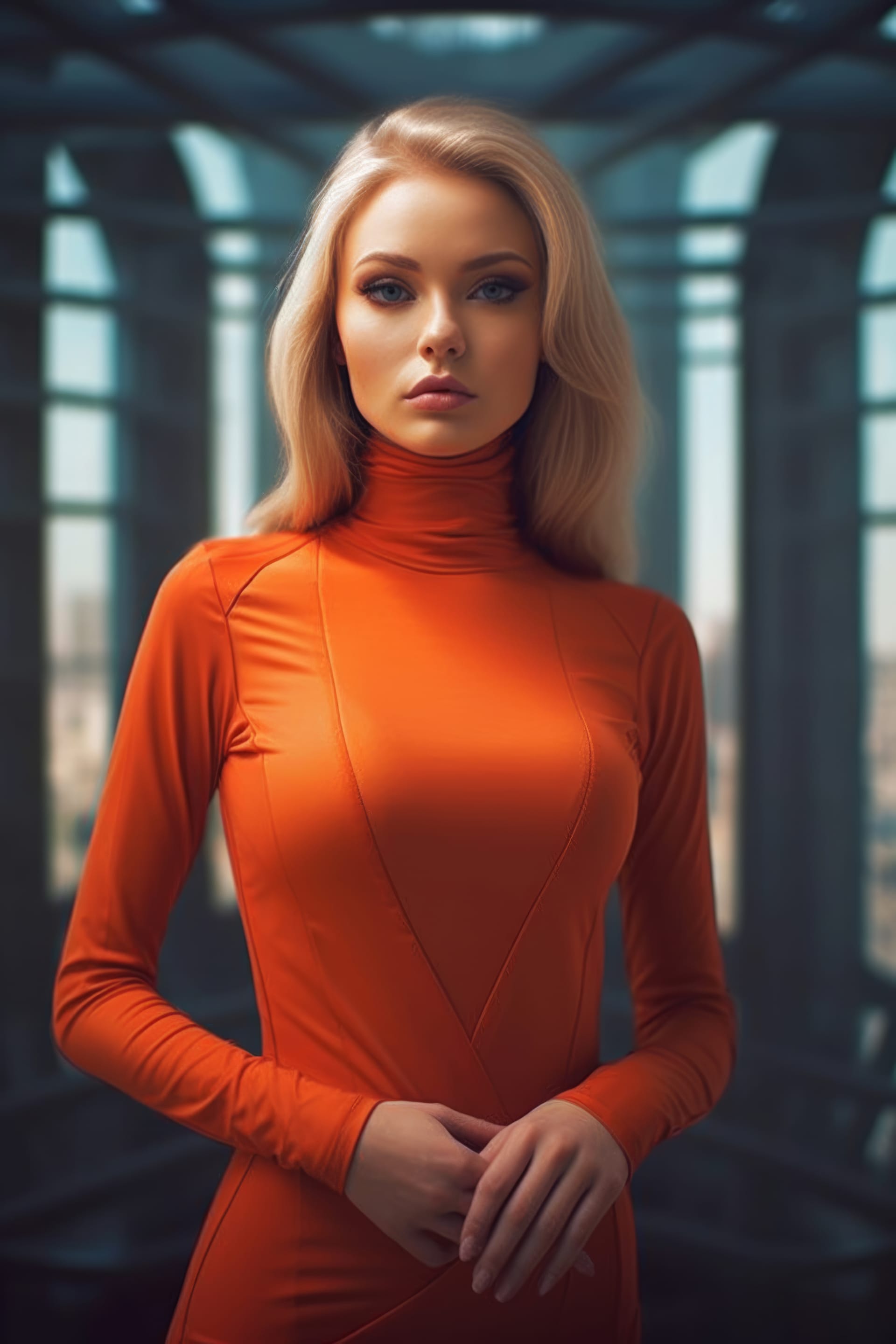 Woman orange top beautiful portrait excellent picture