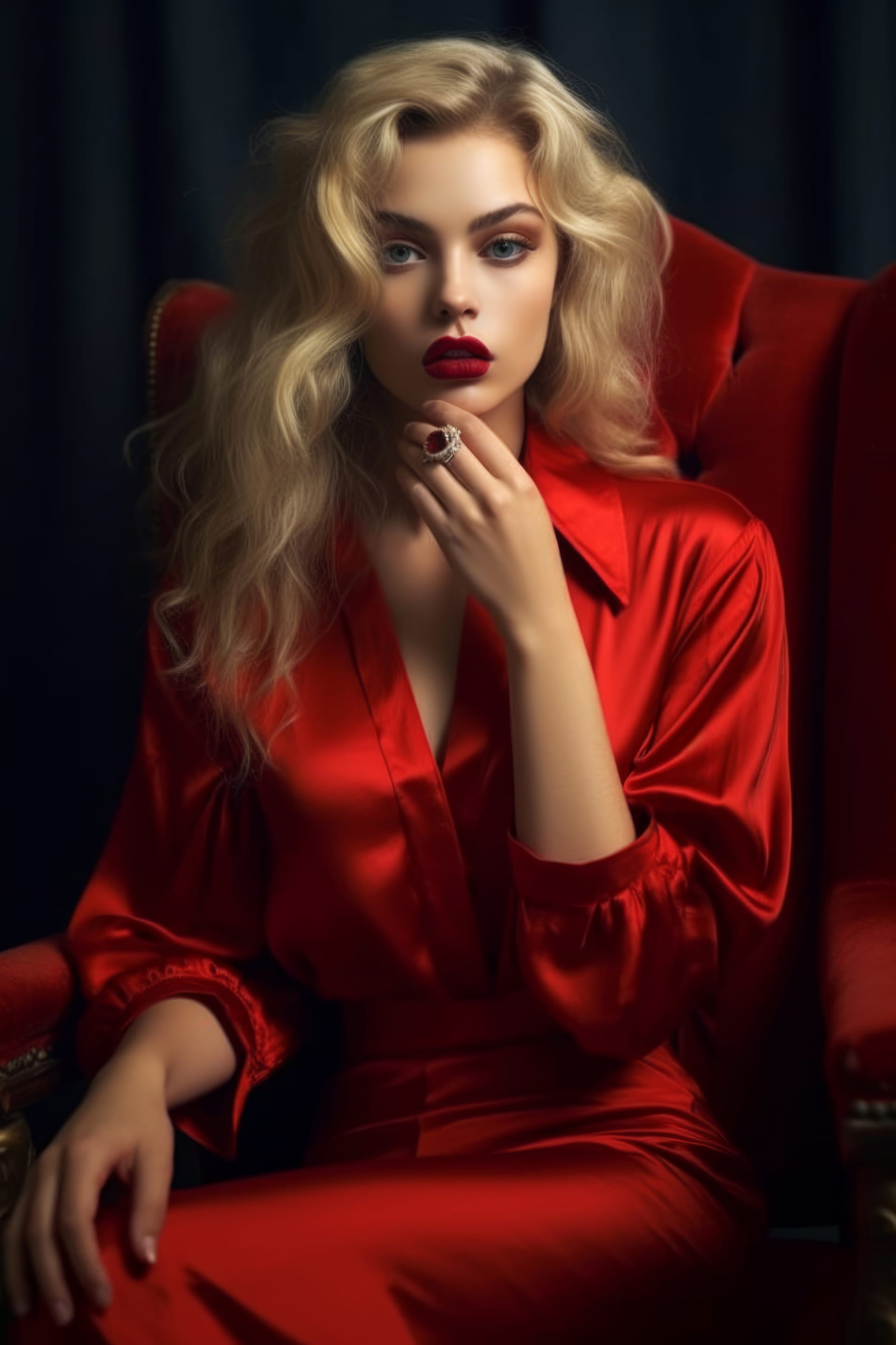 Woman red dress sits chair best instagram profile pictures