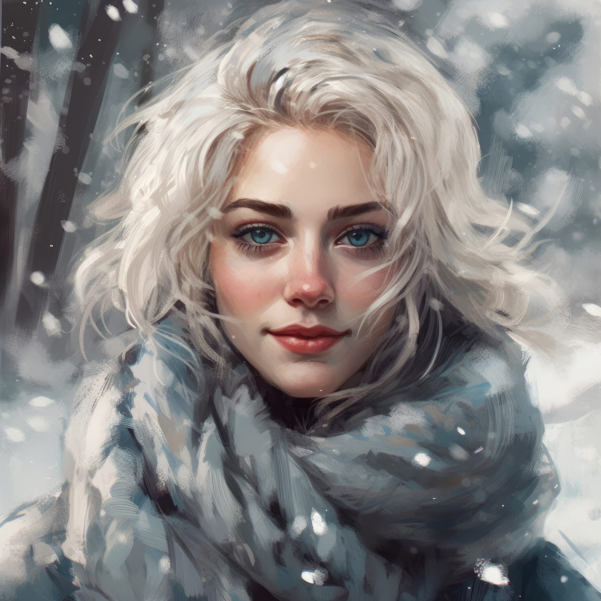Woman with blue eyes scarf snow