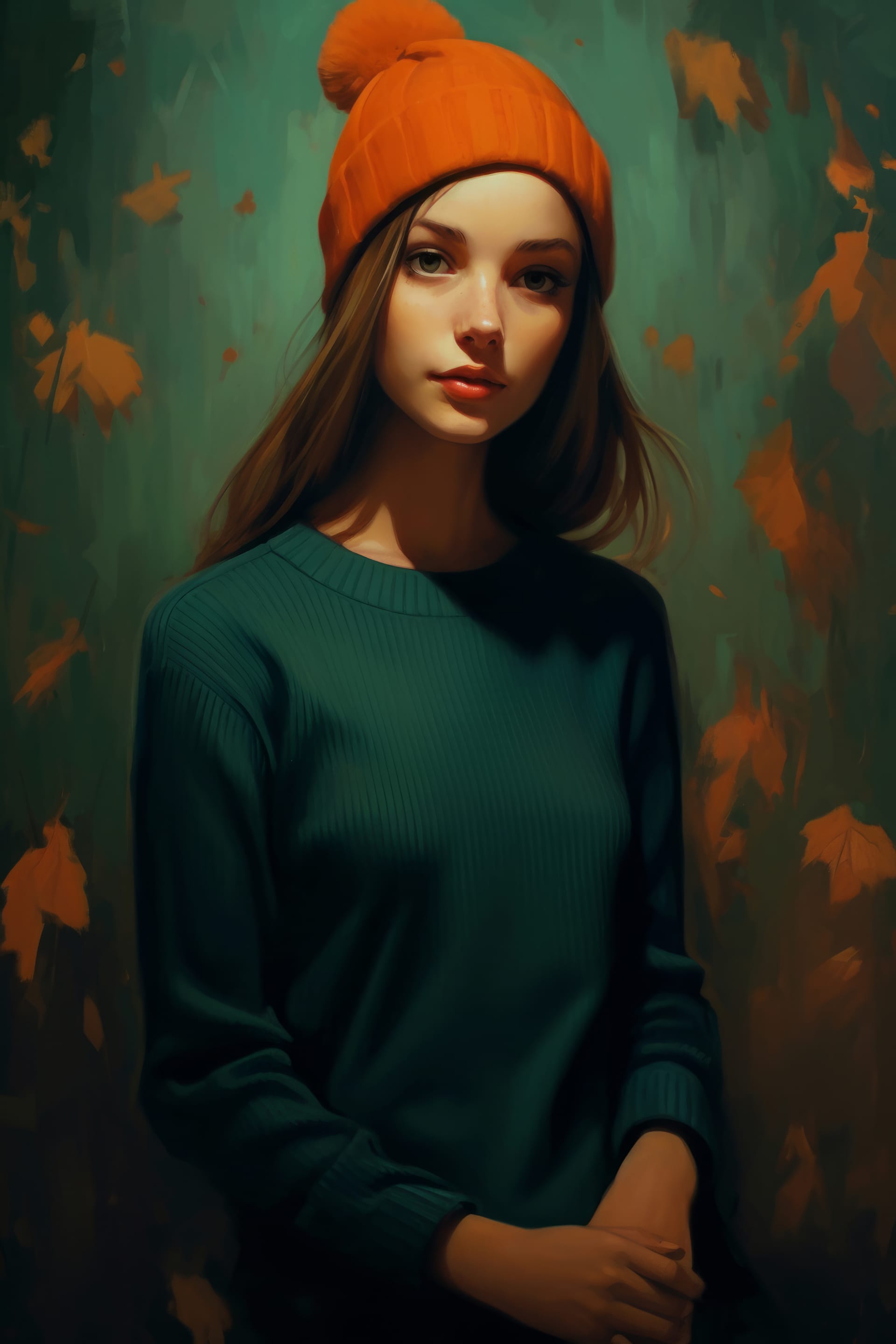 Balanced portraiture young girl with green dress orange hat