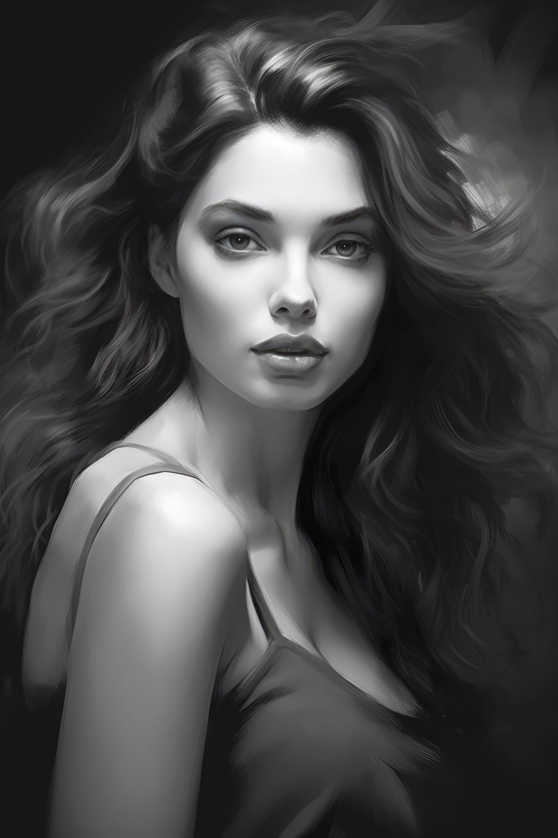 Black and white mesmerizing portrait woman with long hair